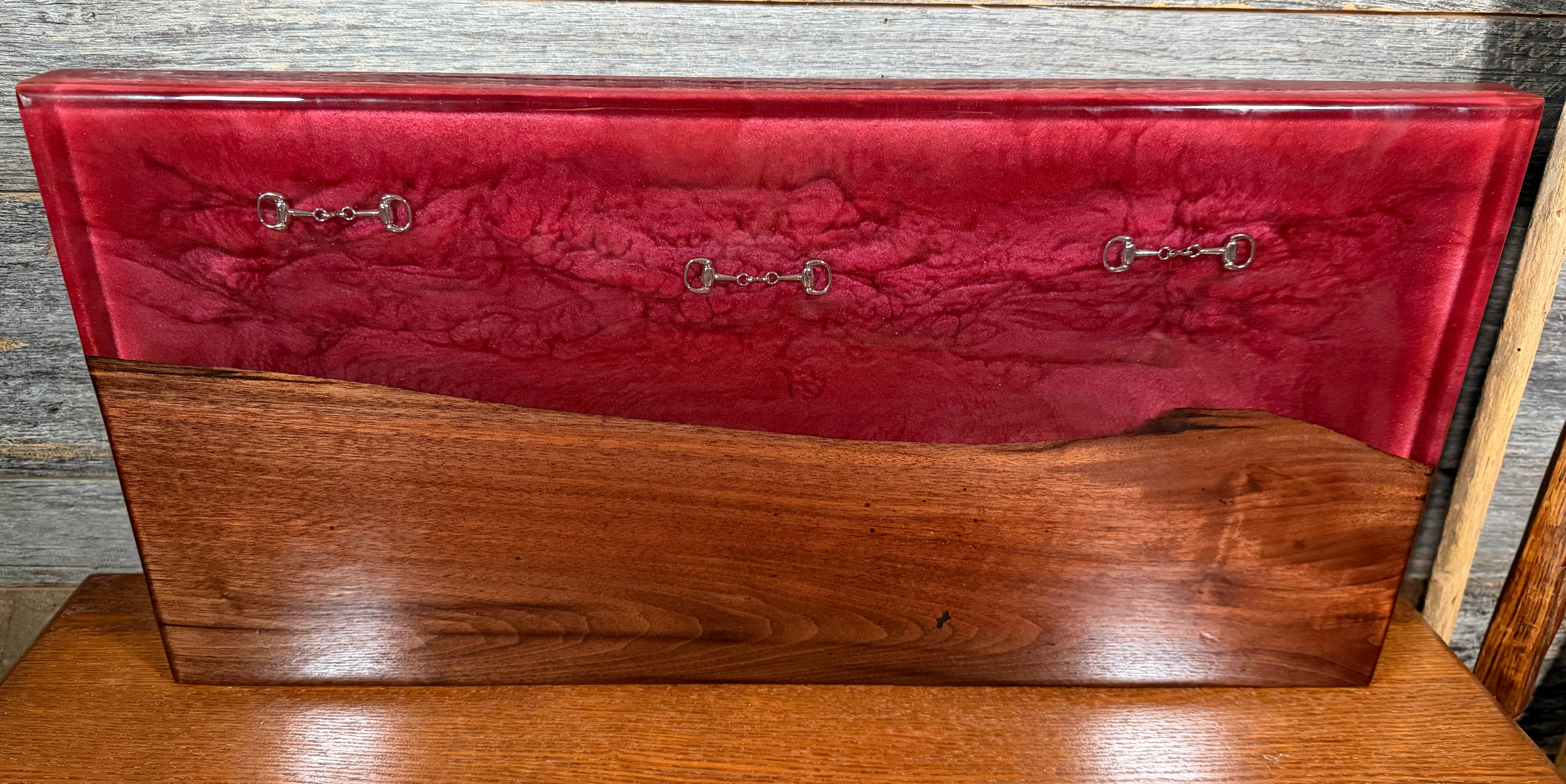 Handcrafted Metallic Rose Red Epoxy & Walnut Bridle Bit Charcuterie Board