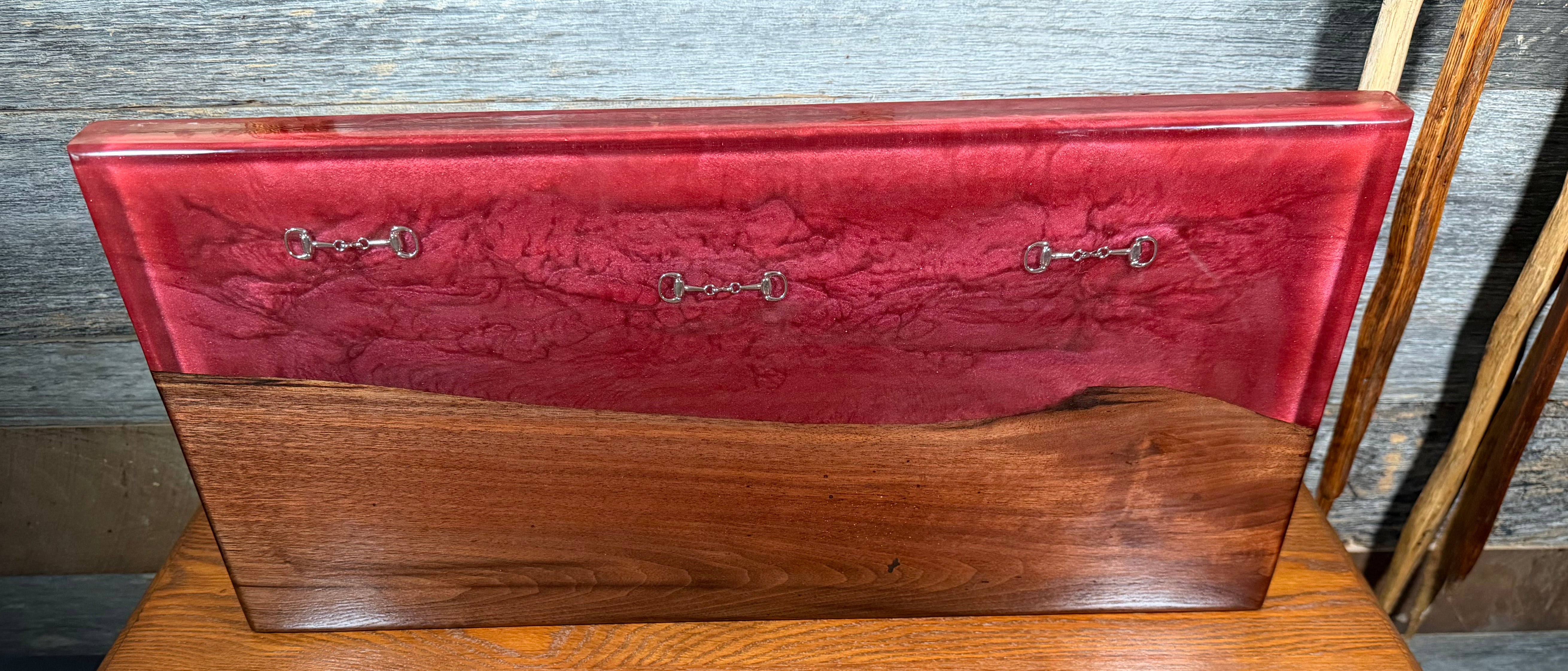 Handcrafted Metallic Rose Red Epoxy & Walnut Bridle Bit Charcuterie Board