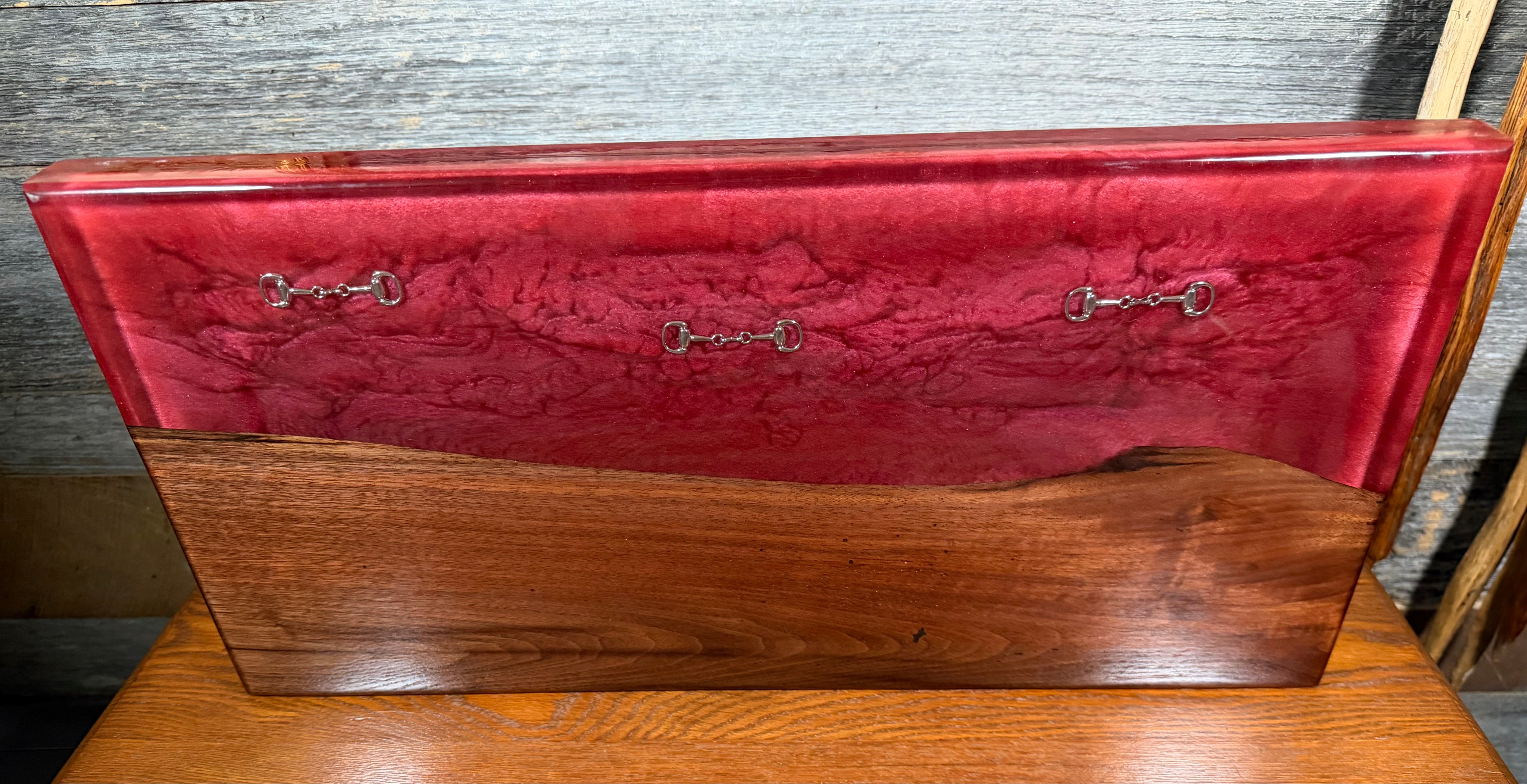 Handcrafted Metallic Rose Red Epoxy & Walnut Bridle Bit Charcuterie Board