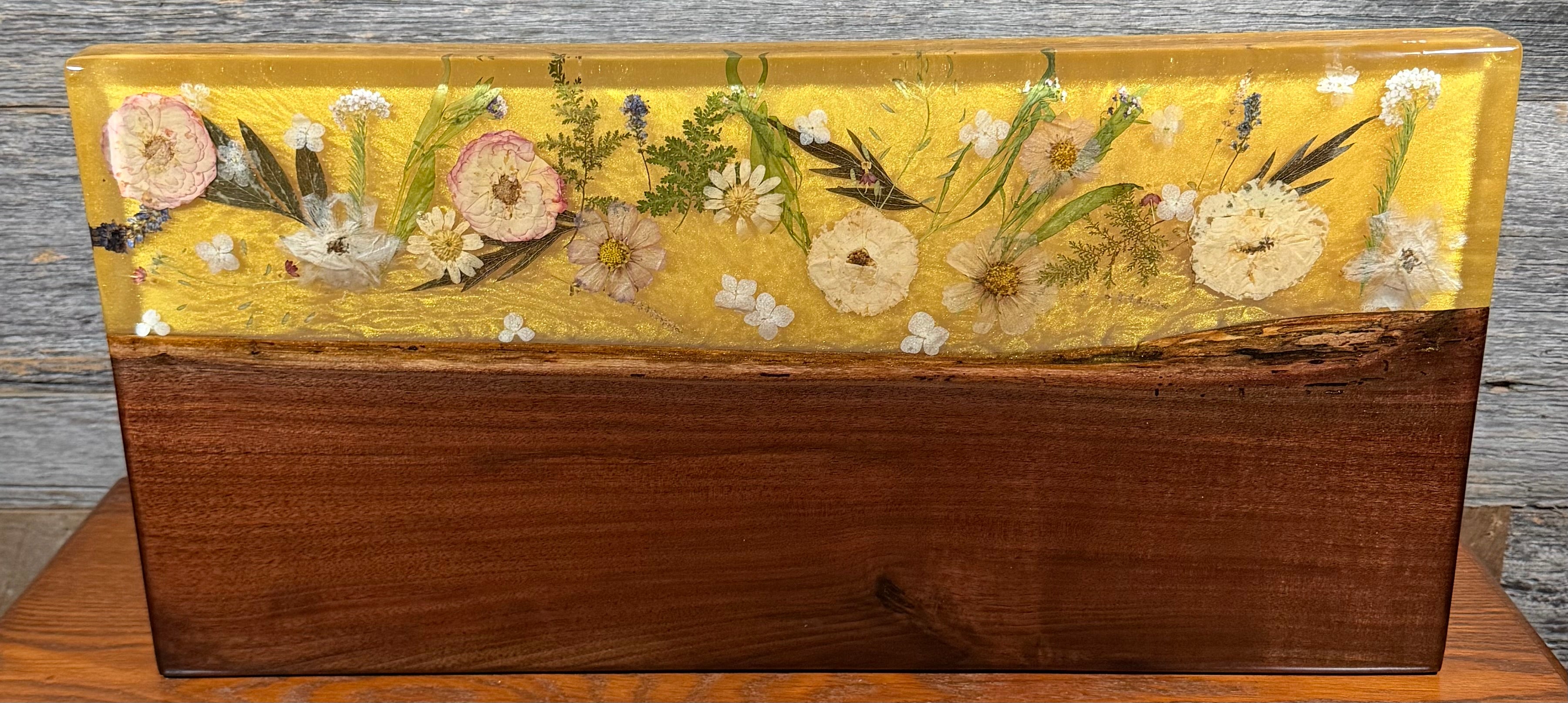 Handcrafted Pressed Wildflower & Shimmering Gold Epoxy River Board