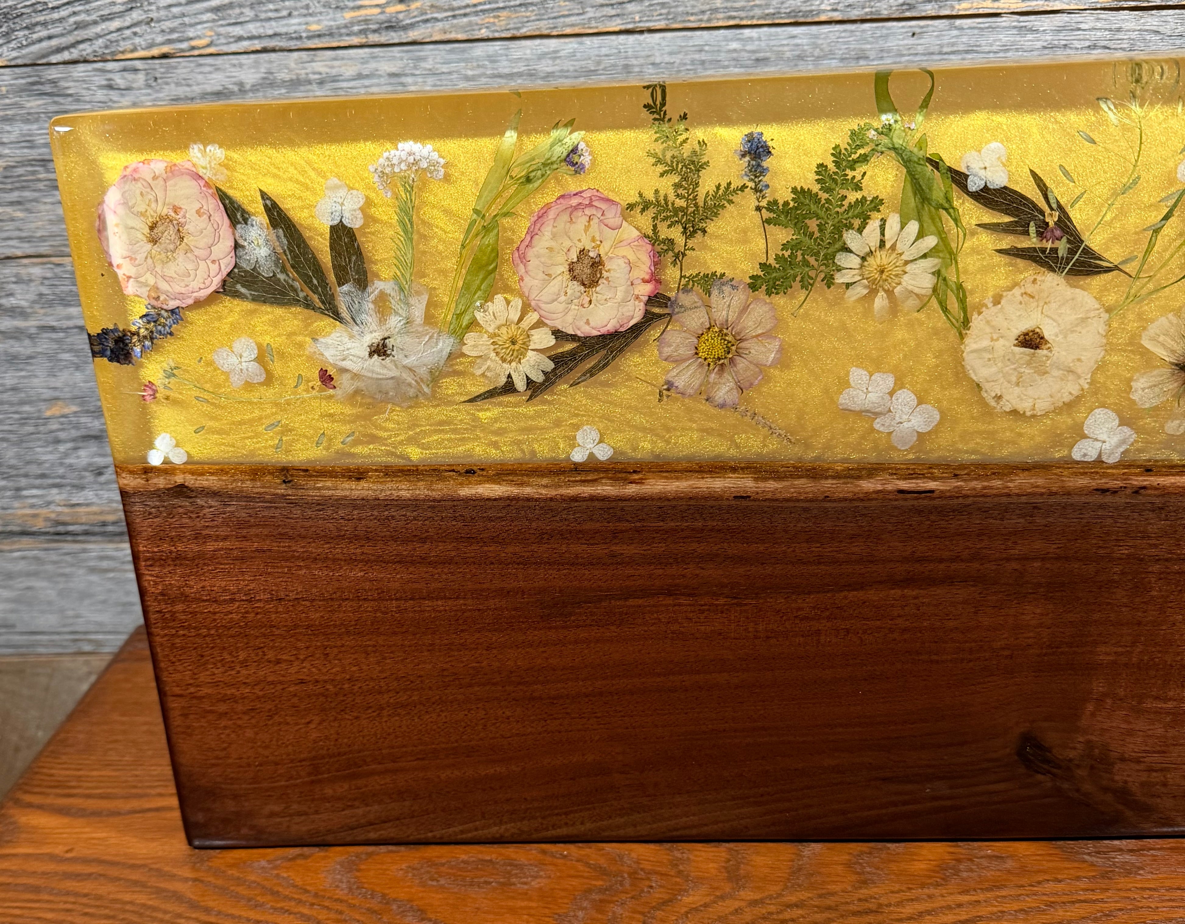 Handcrafted Pressed Wildflower & Shimmering Gold Epoxy River Board