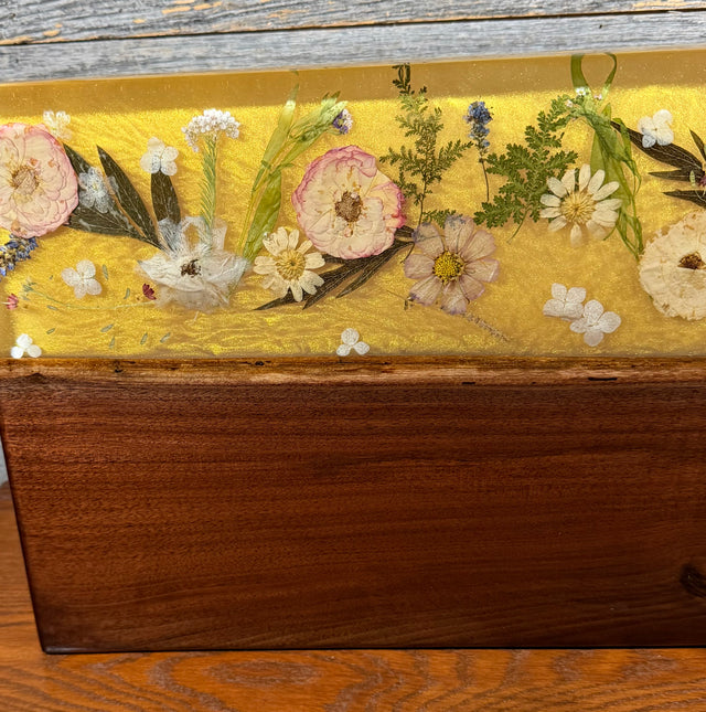 Handcrafted Pressed Wildflower & Shimmering Gold Epoxy River Board
