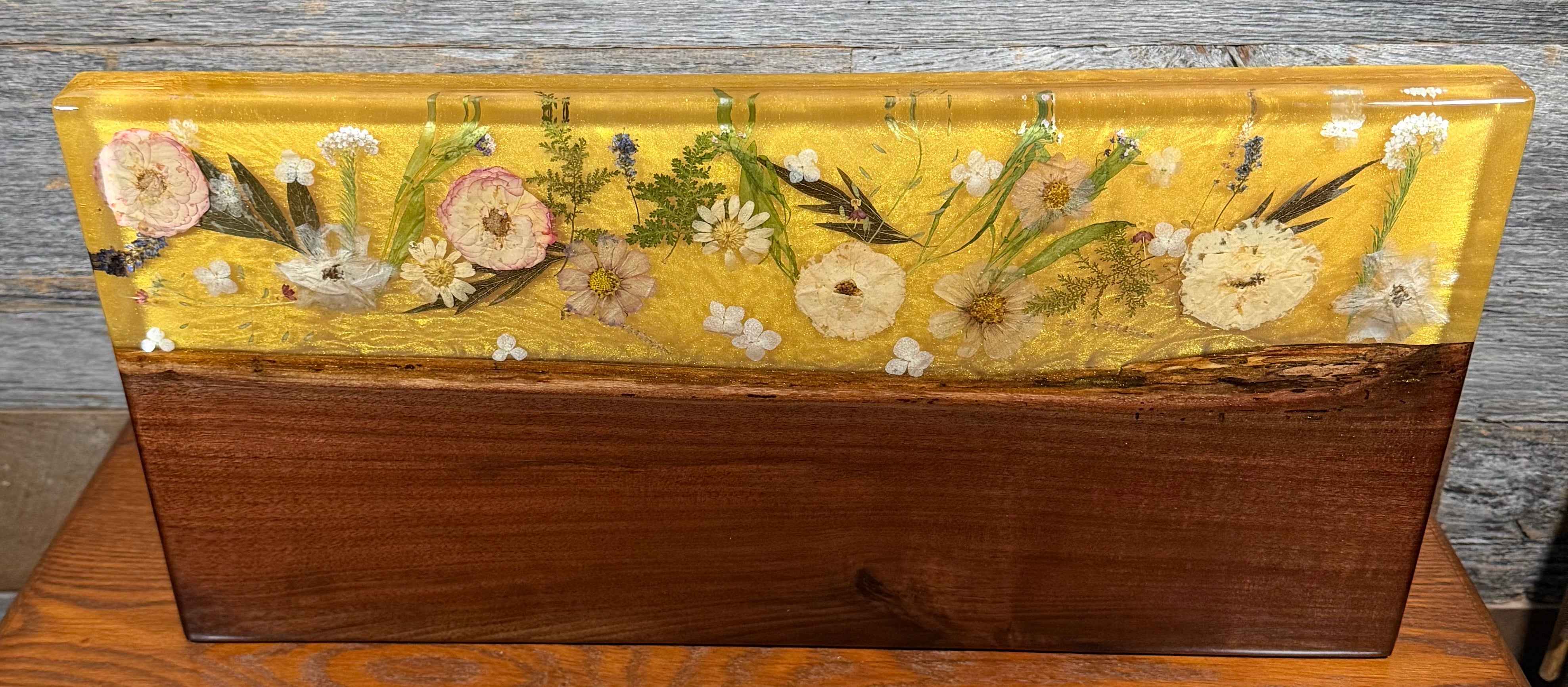 Handcrafted Pressed Wildflower & Shimmering Gold Epoxy River Board