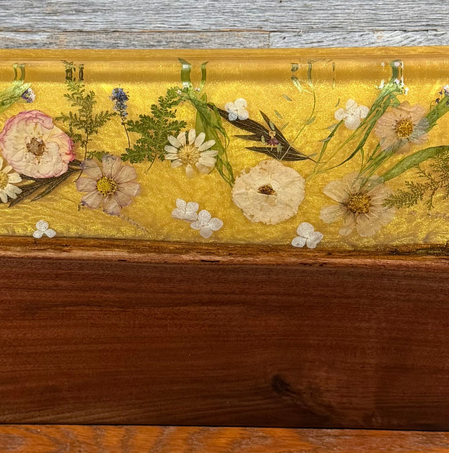 Handcrafted Pressed Wildflower & Shimmering Gold Epoxy River Board