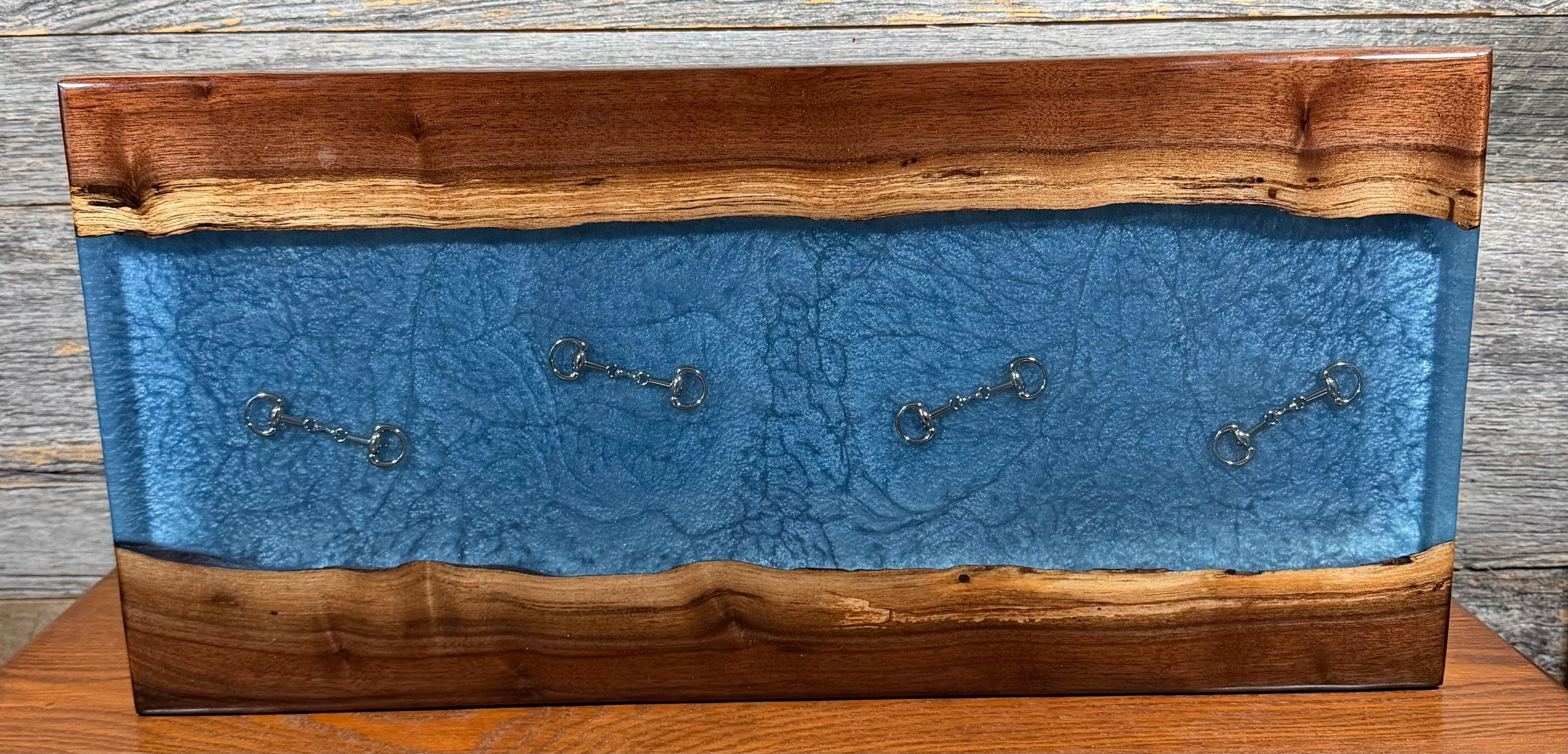 Handcrafted Equestrian Soft Blue Resin Live Edge Black Walnut Charcuterie Board