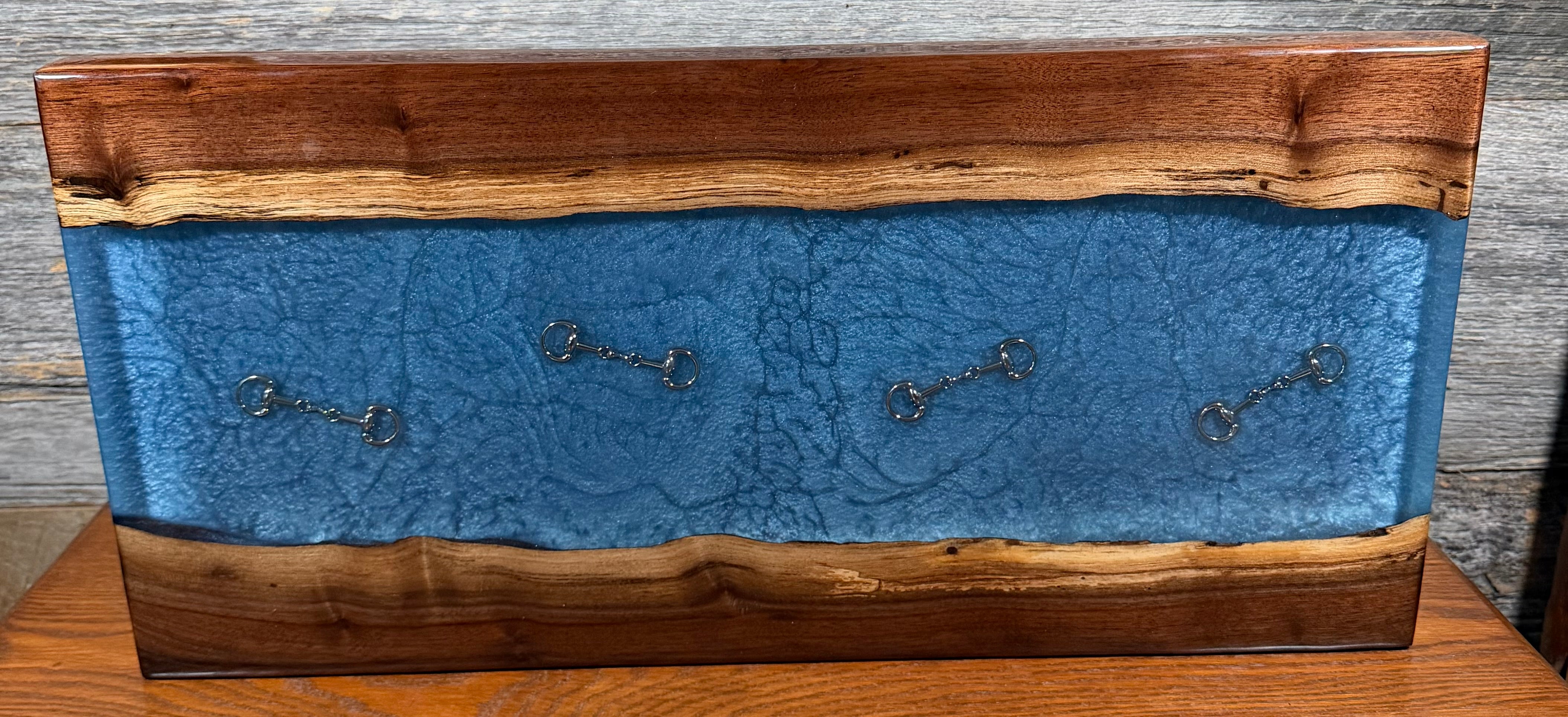 Handcrafted Equestrian Soft Blue Resin Live Edge Black Walnut Charcuterie Board