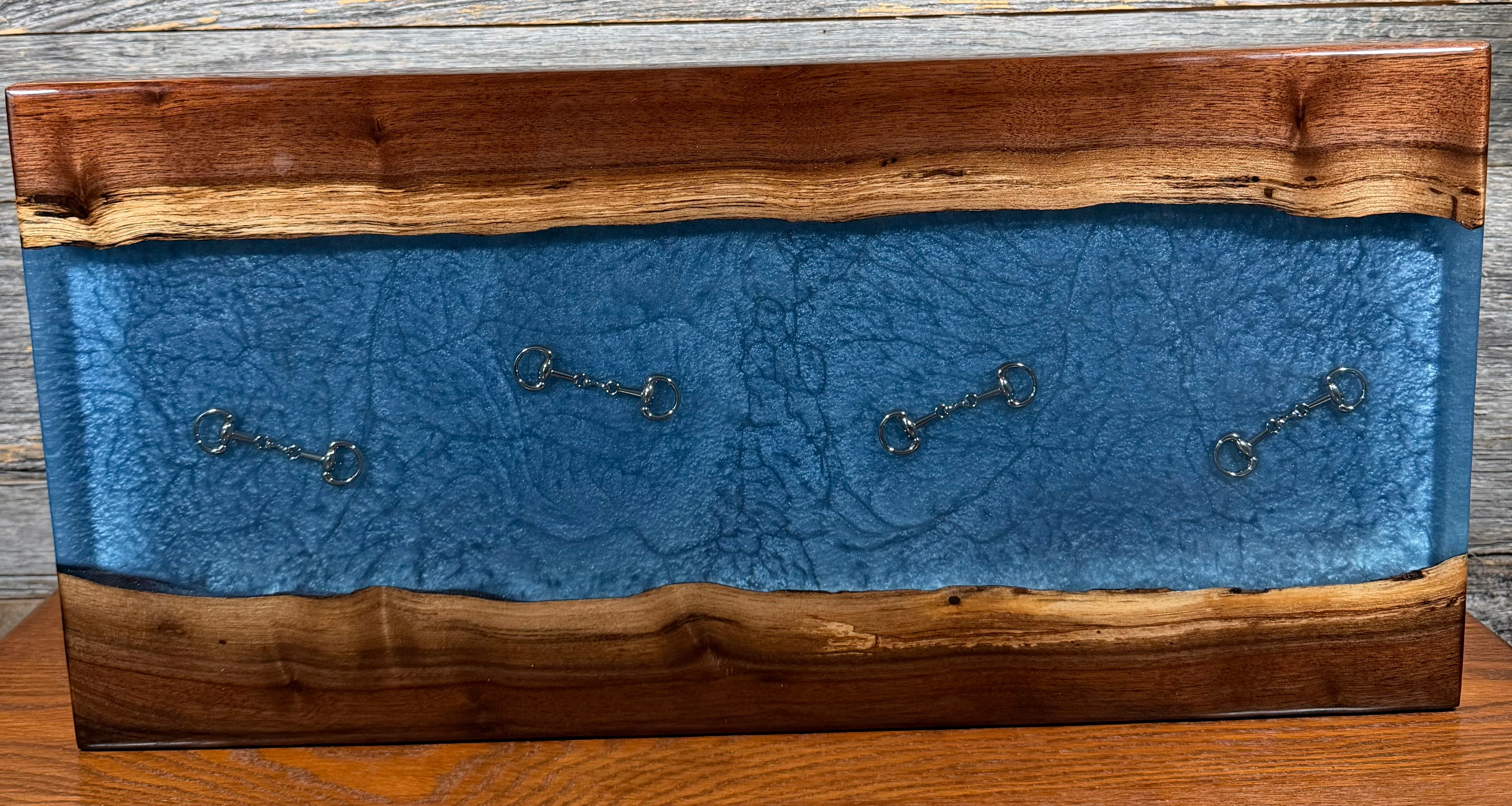 Handcrafted Equestrian Soft Blue Resin Live Edge Black Walnut Charcuterie Board