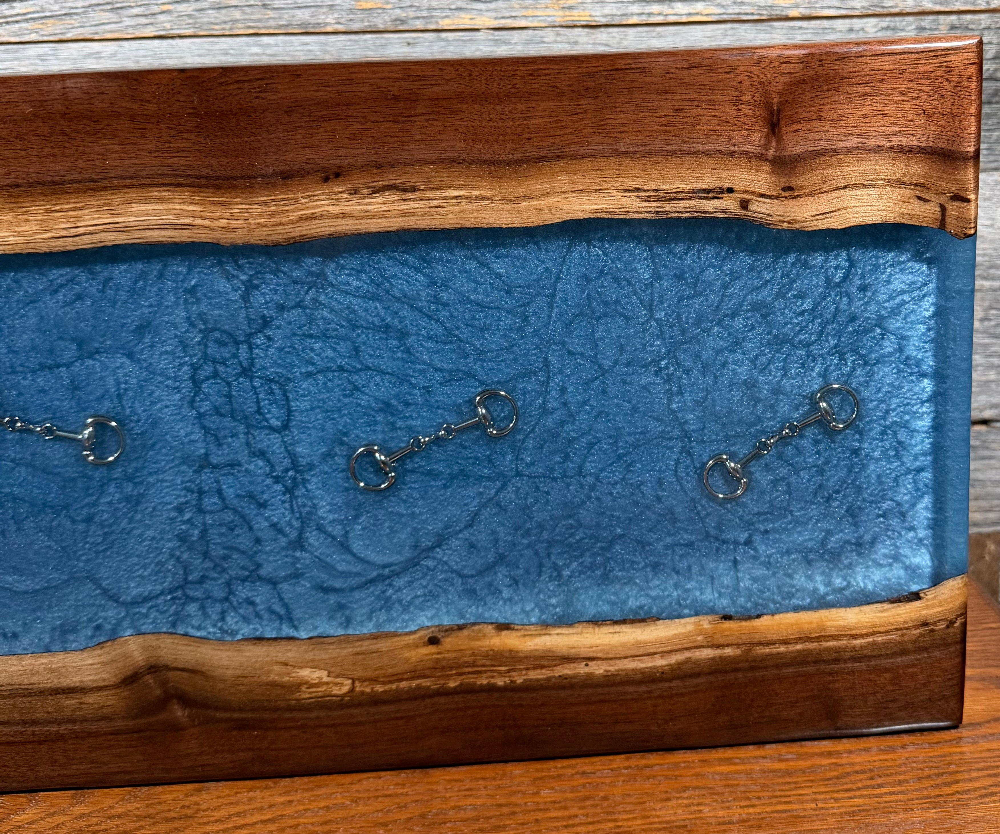 Handcrafted Equestrian Soft Blue Resin Live Edge Black Walnut Charcuterie Board