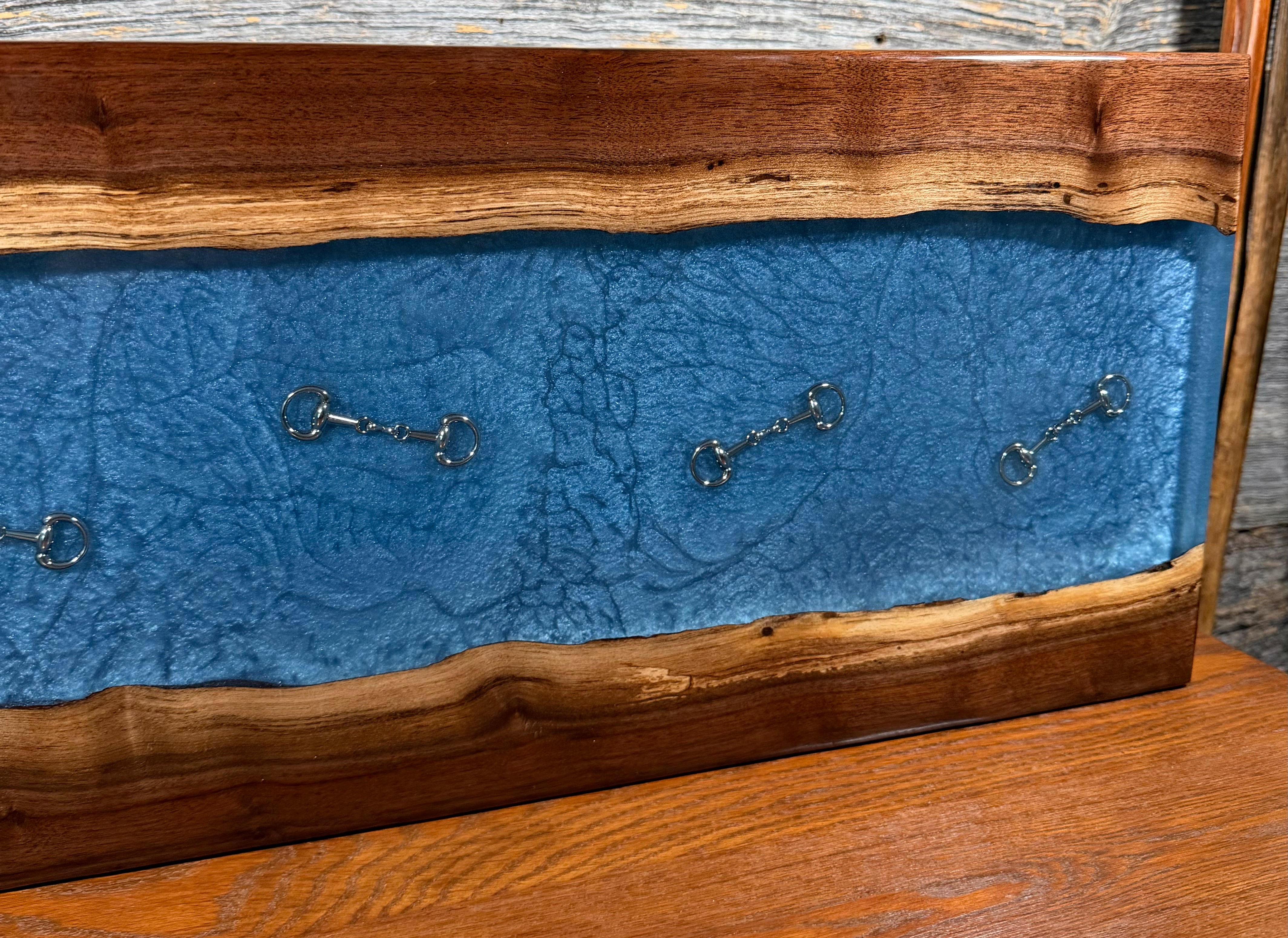Handcrafted Equestrian Soft Blue Resin Live Edge Black Walnut Charcuterie Board