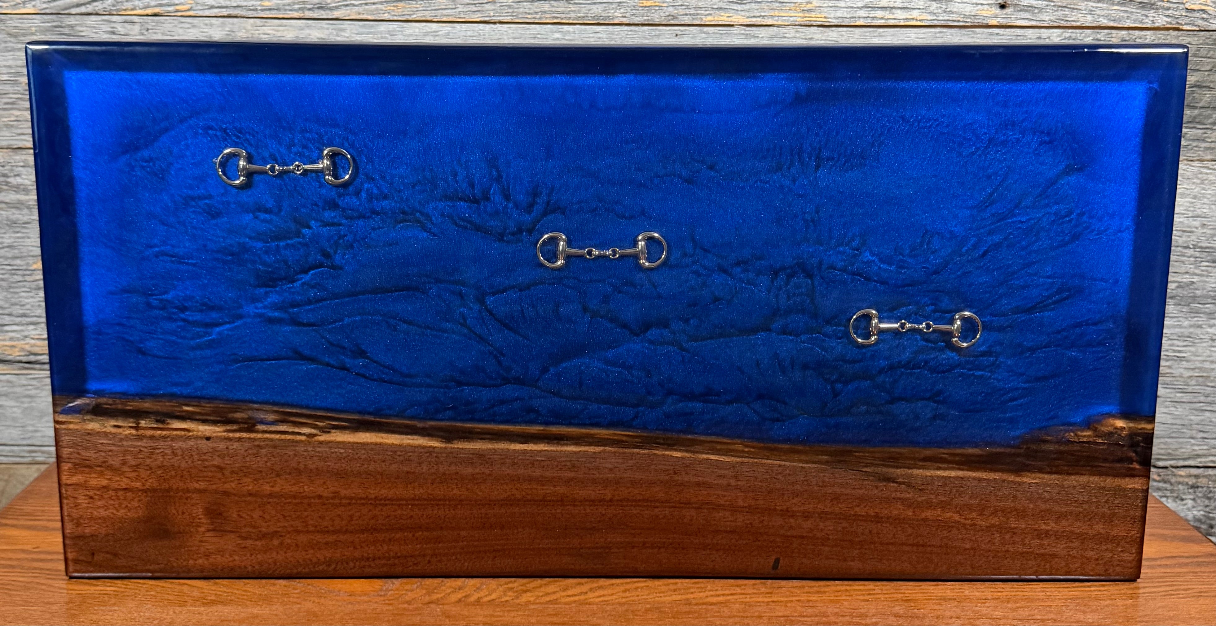 Handcrafted Equestrian Sapphire Blue Live Edge Walnut Charcuterie Board