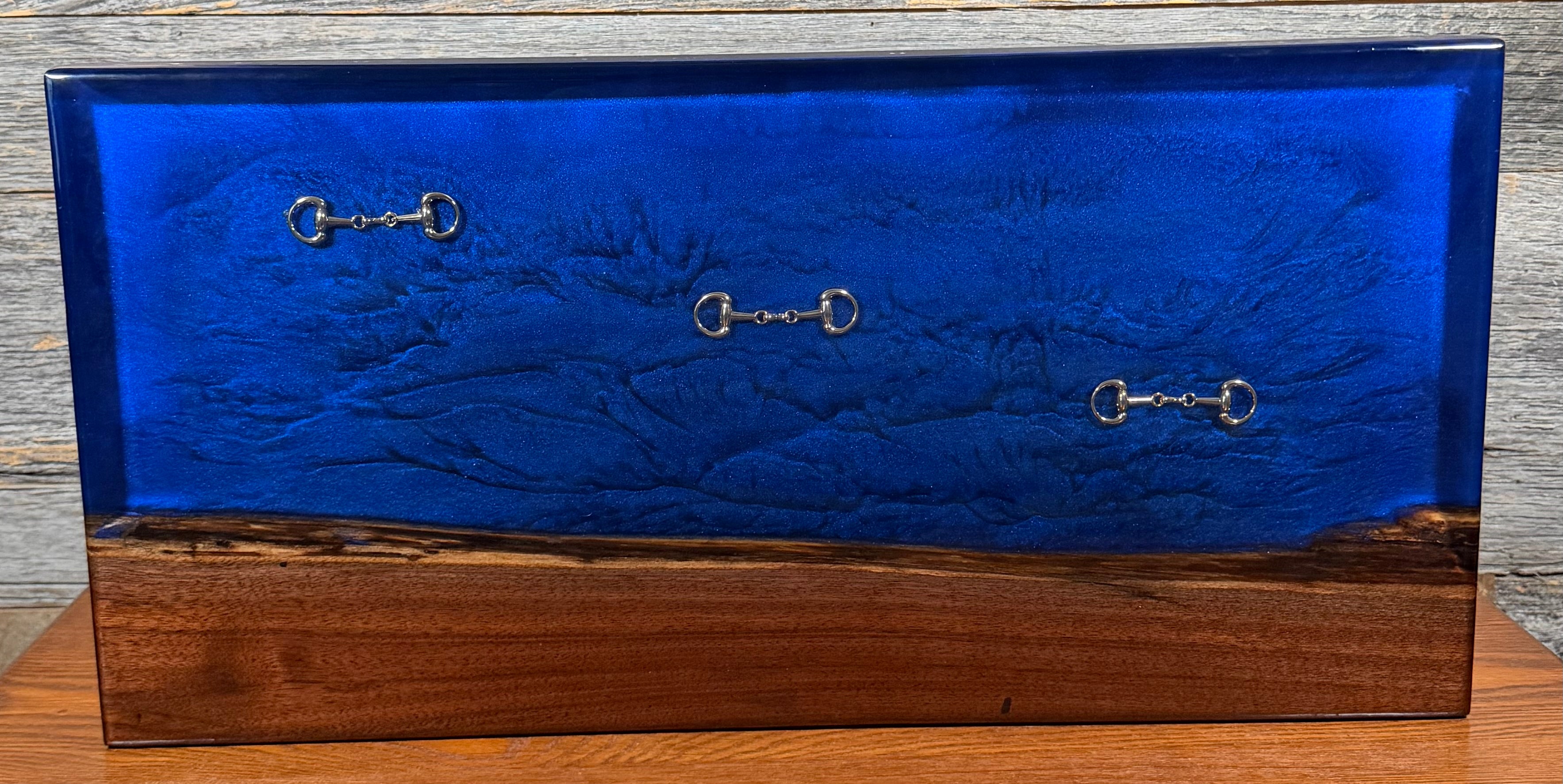 Handcrafted Equestrian Sapphire Blue Live Edge Walnut Charcuterie Board