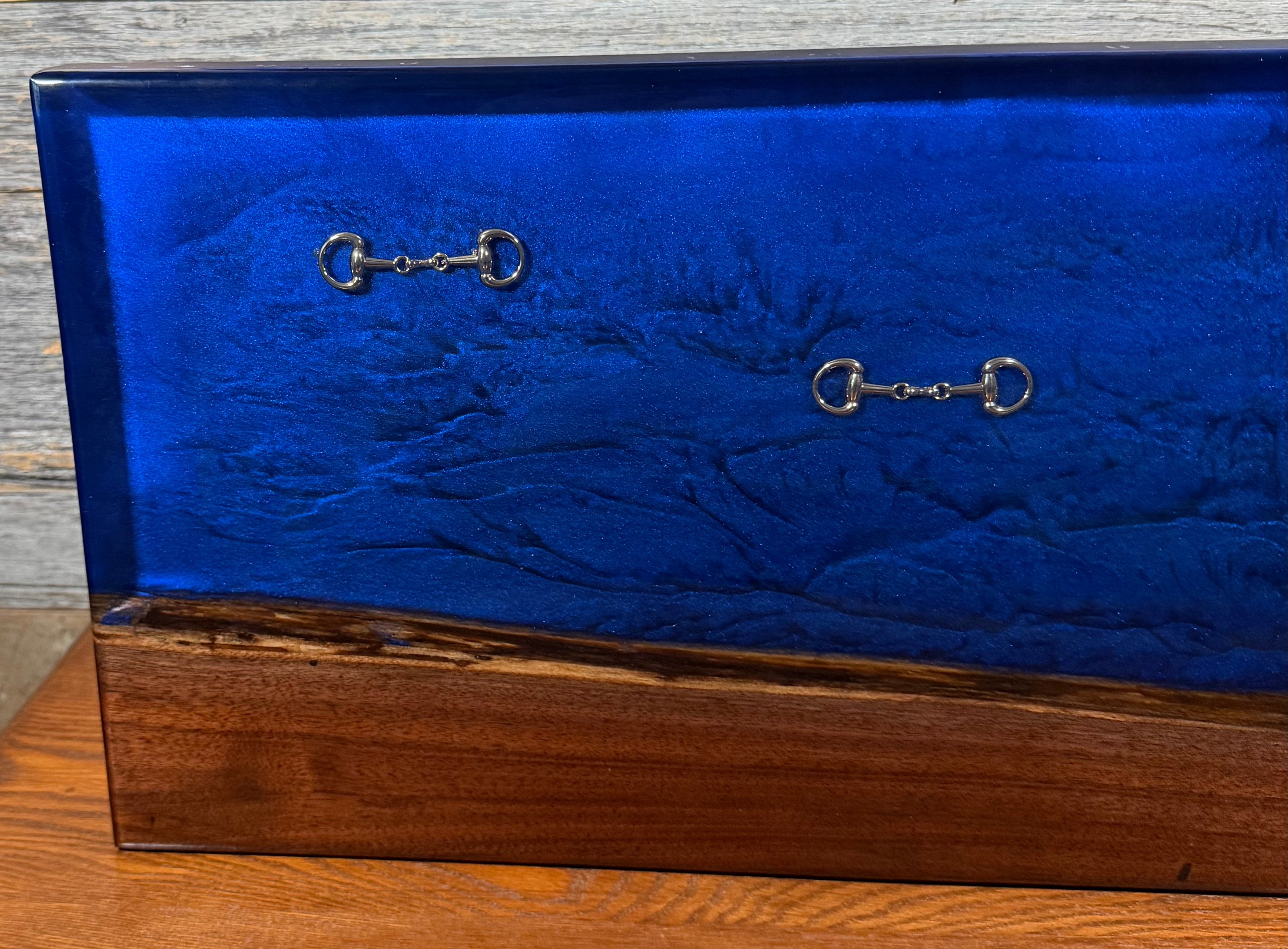 Handcrafted Equestrian Sapphire Blue Live Edge Walnut Charcuterie Board