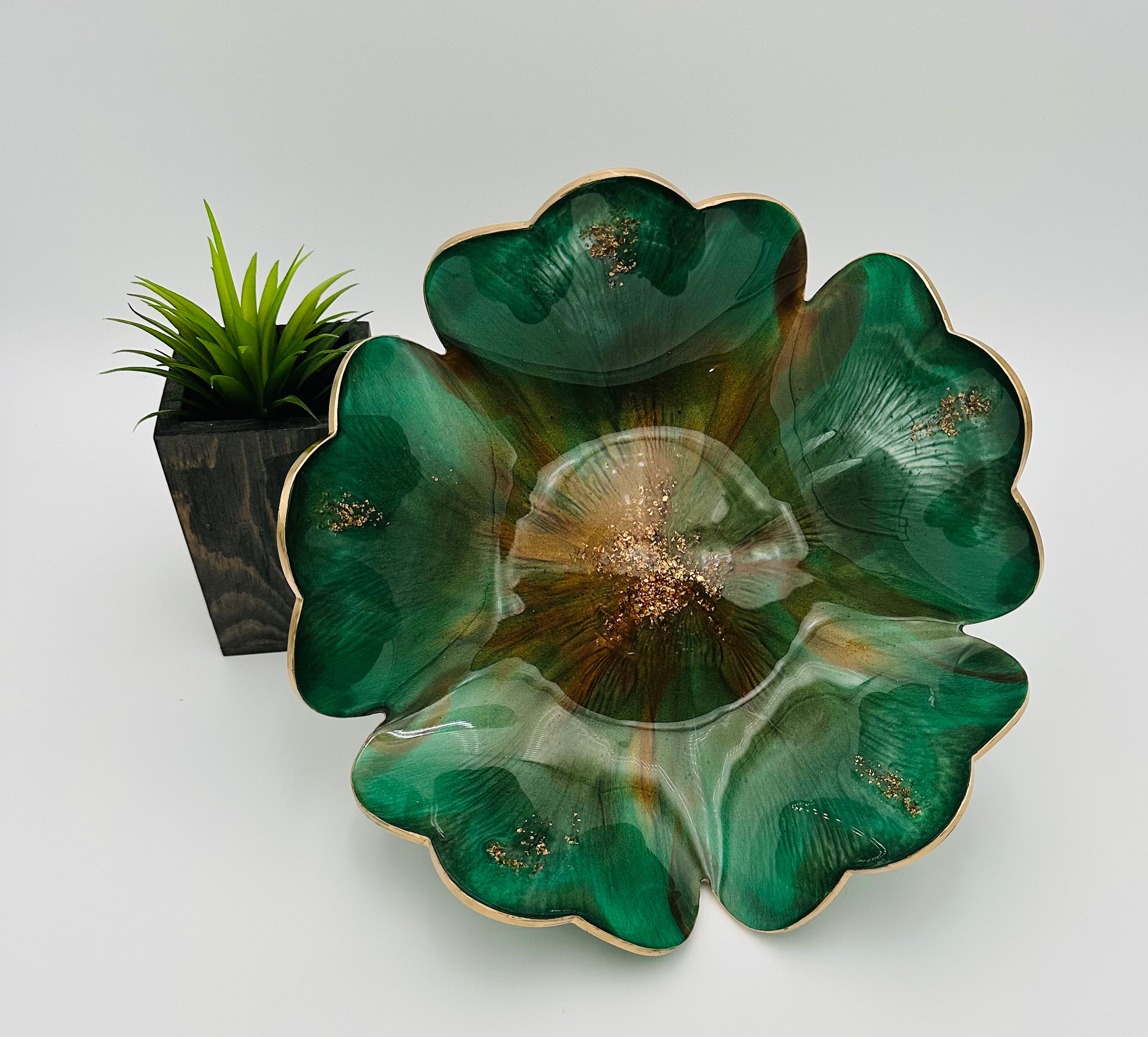Handcrafted Large Resin Flower Bowls with Gold, Silver, or Bronze Outline.