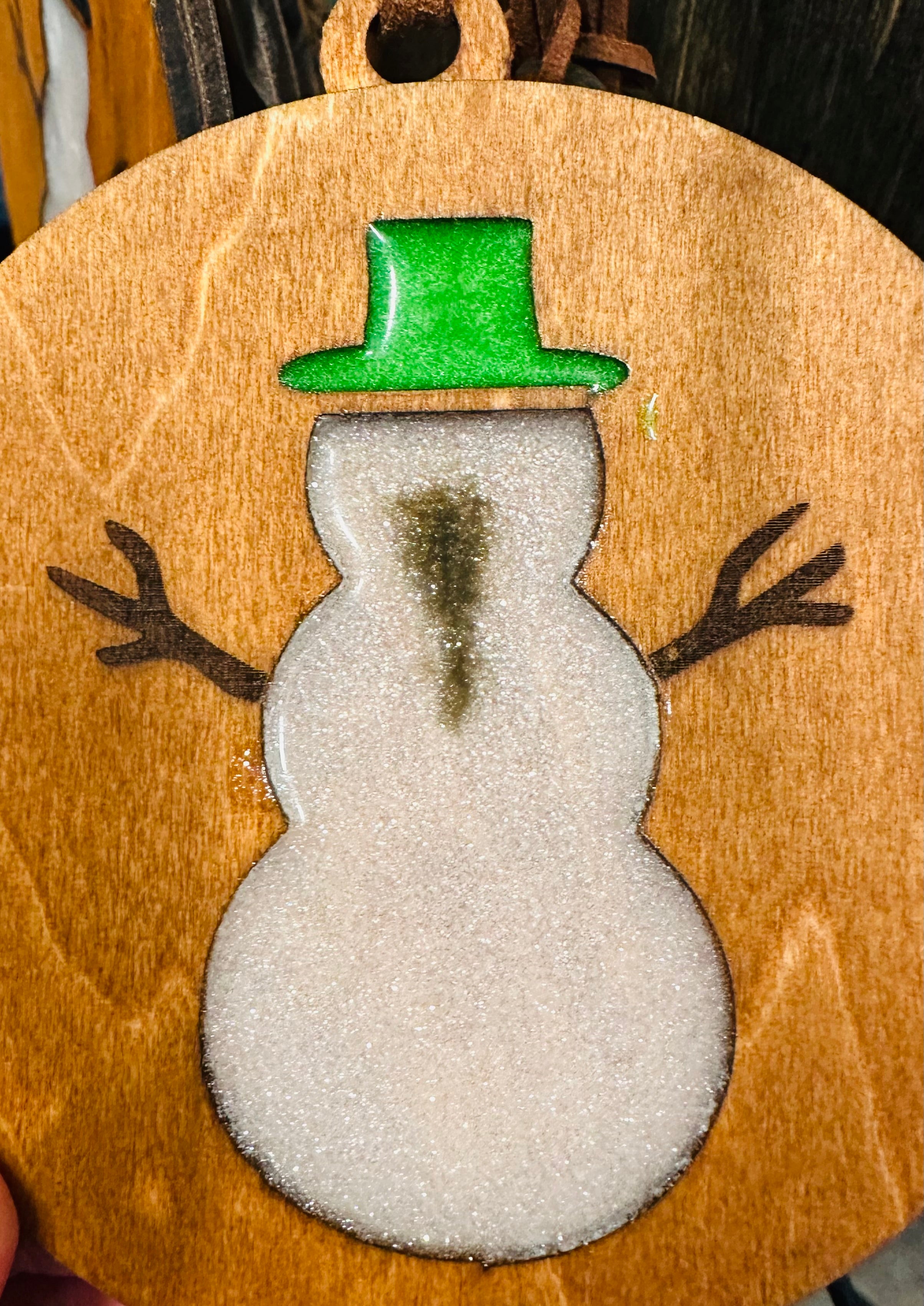 Handmade Resin and Wood Snowman Ornament