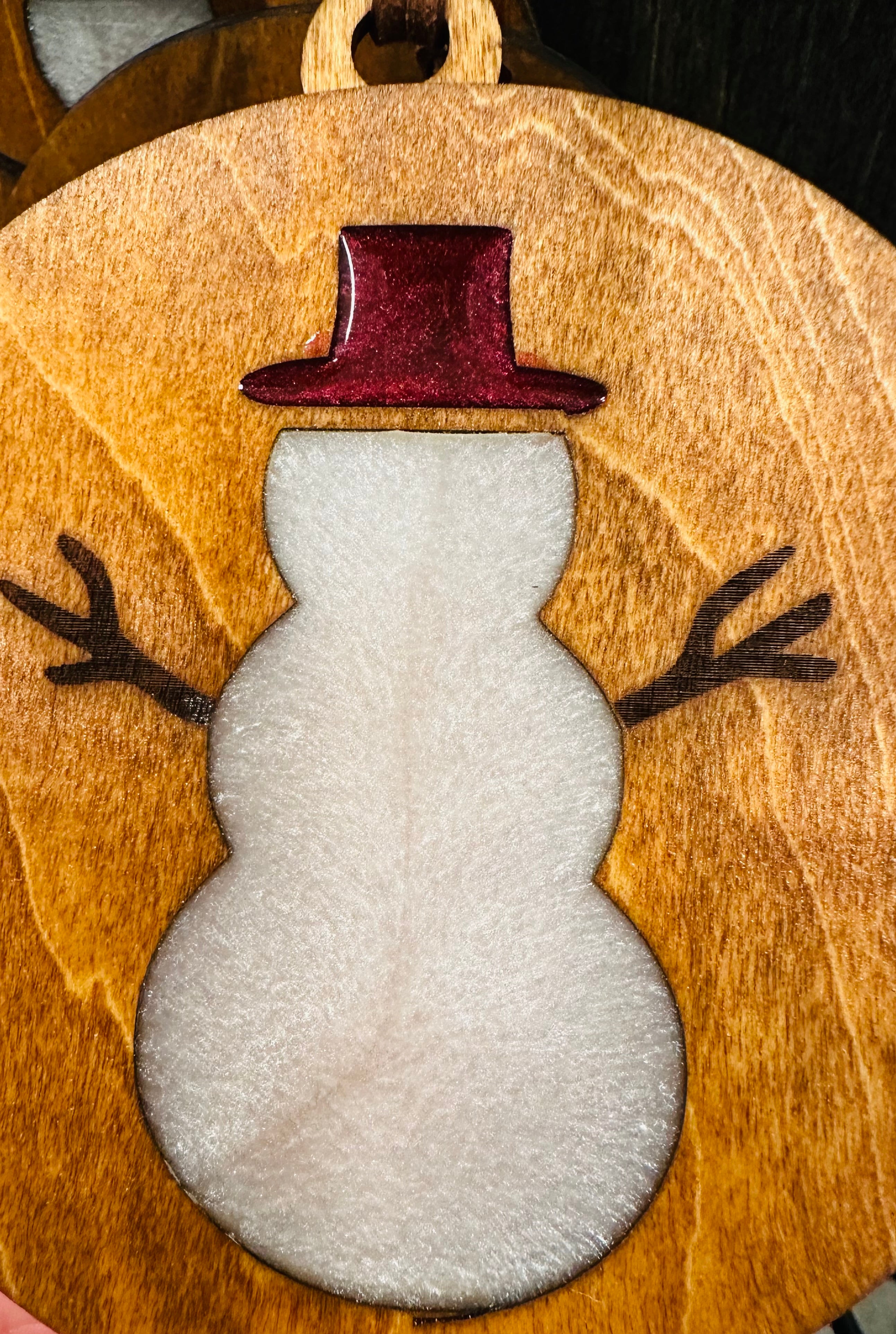 Handmade Resin and Wood Snowman Ornament