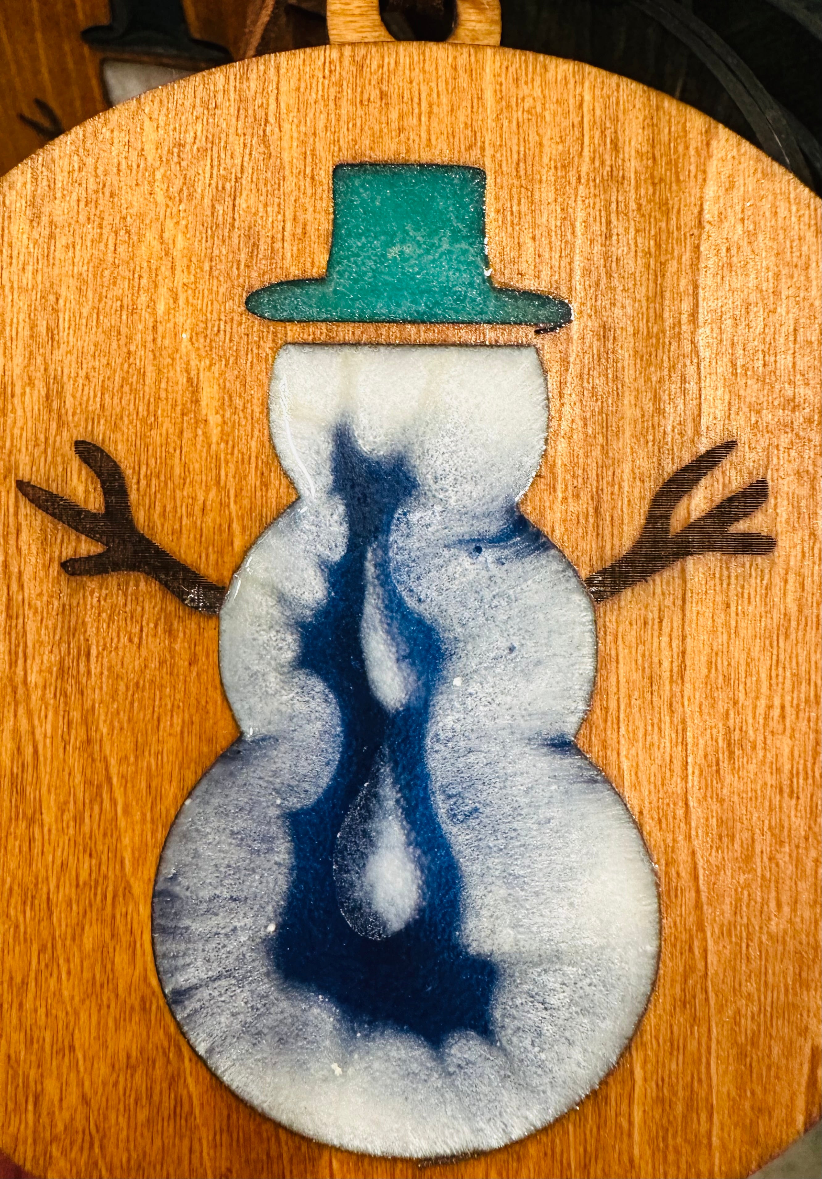 Handmade Resin and Wood Snowman Ornament