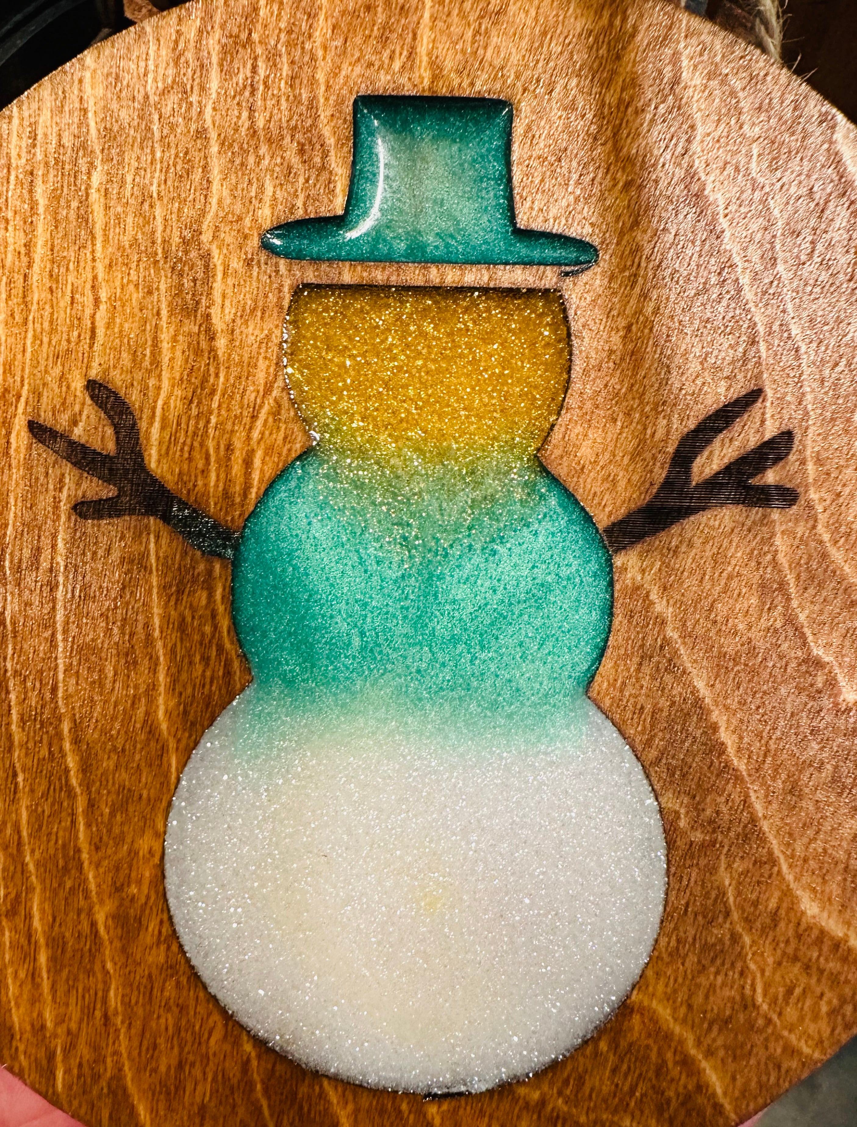 Handmade Resin and Wood Snowman Ornament