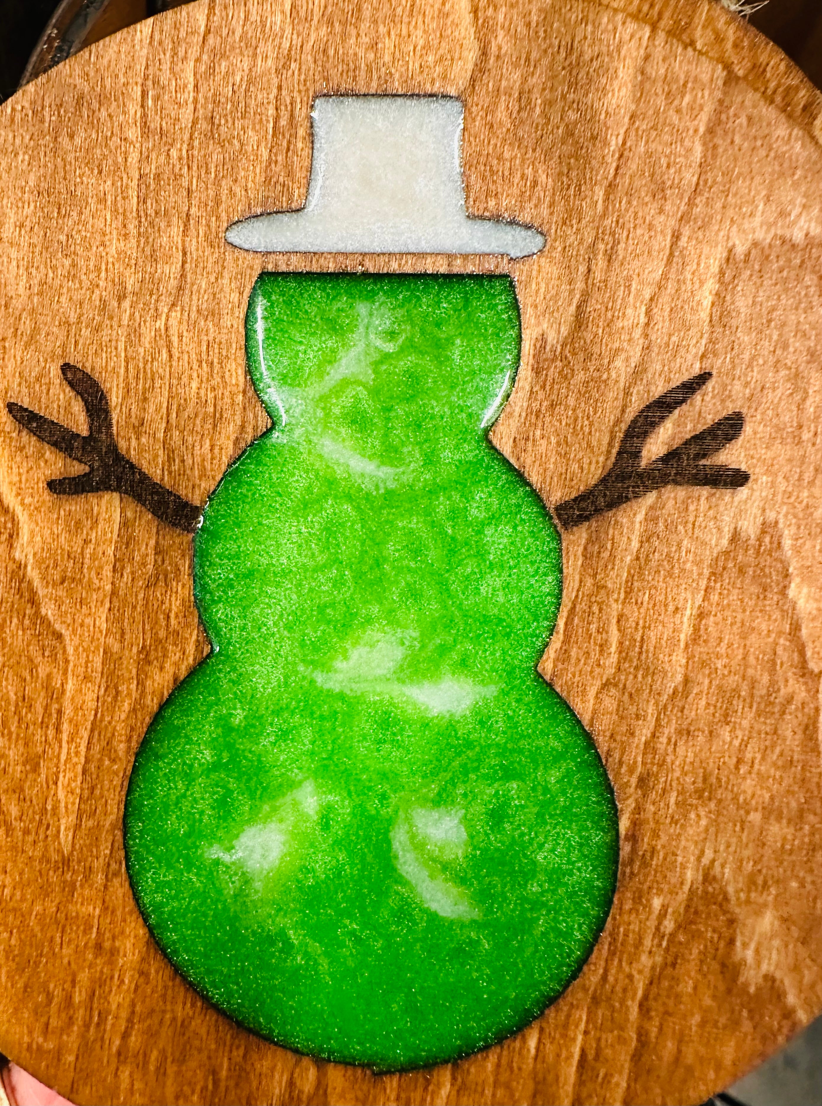 Handmade Resin and Wood Snowman Ornament