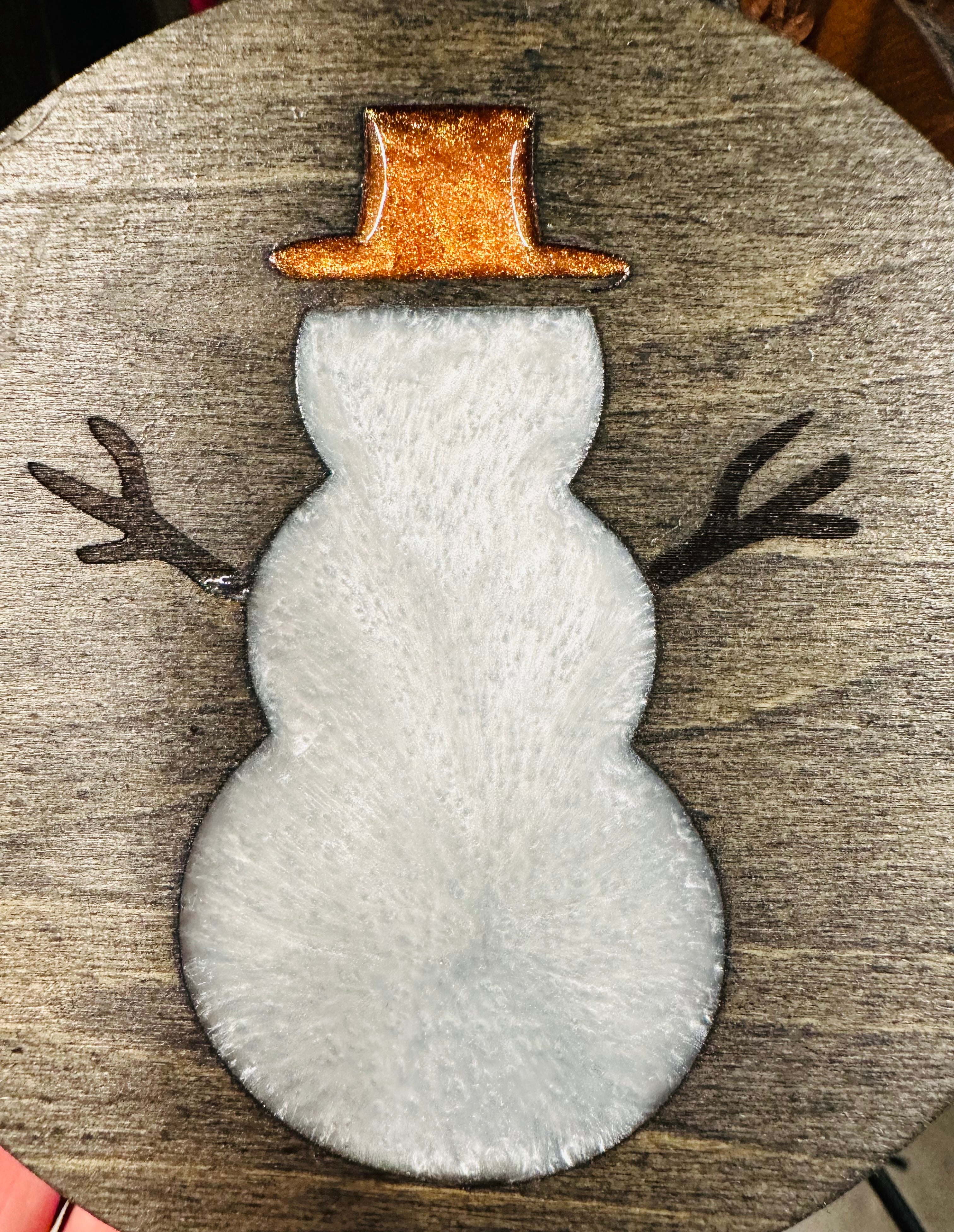 Handmade Resin and Wood Snowman Ornament