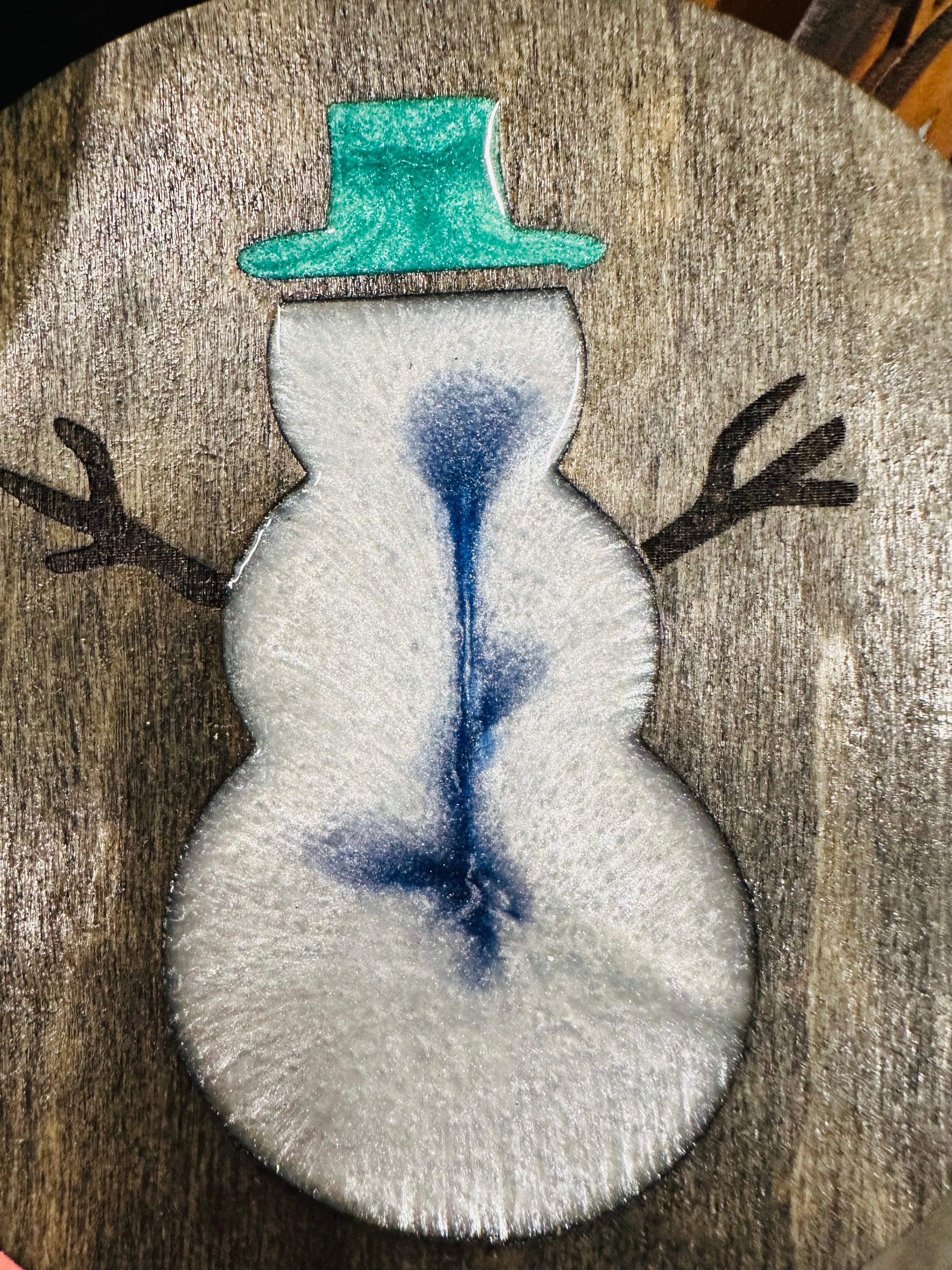 Handmade Resin and Wood Snowman Ornament
