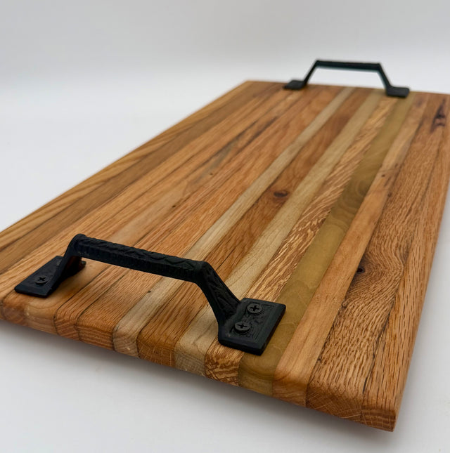 Handcrafted Wooden Serving Board & Charcuterie Tray with Cast Iron Handles