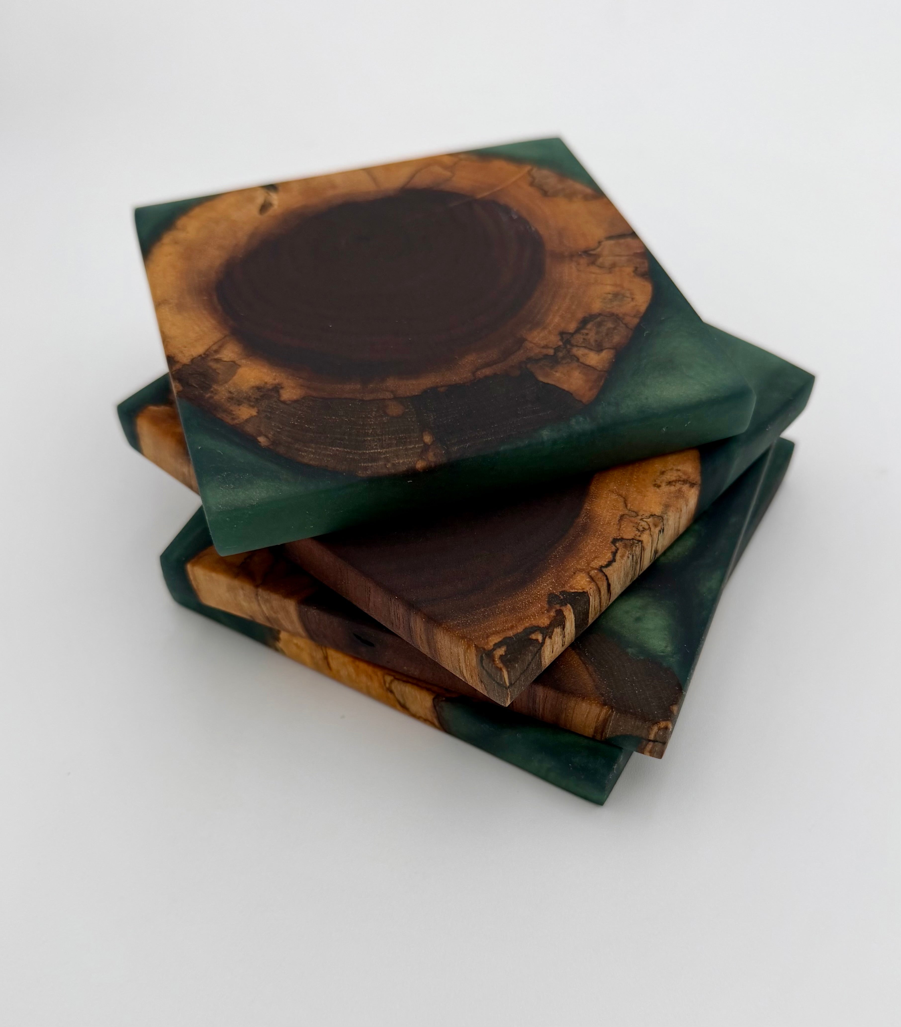 Handcrafted End Grain Wood & Epoxy Resin Coaster Set | Modern Drink Coasters -Set of 4