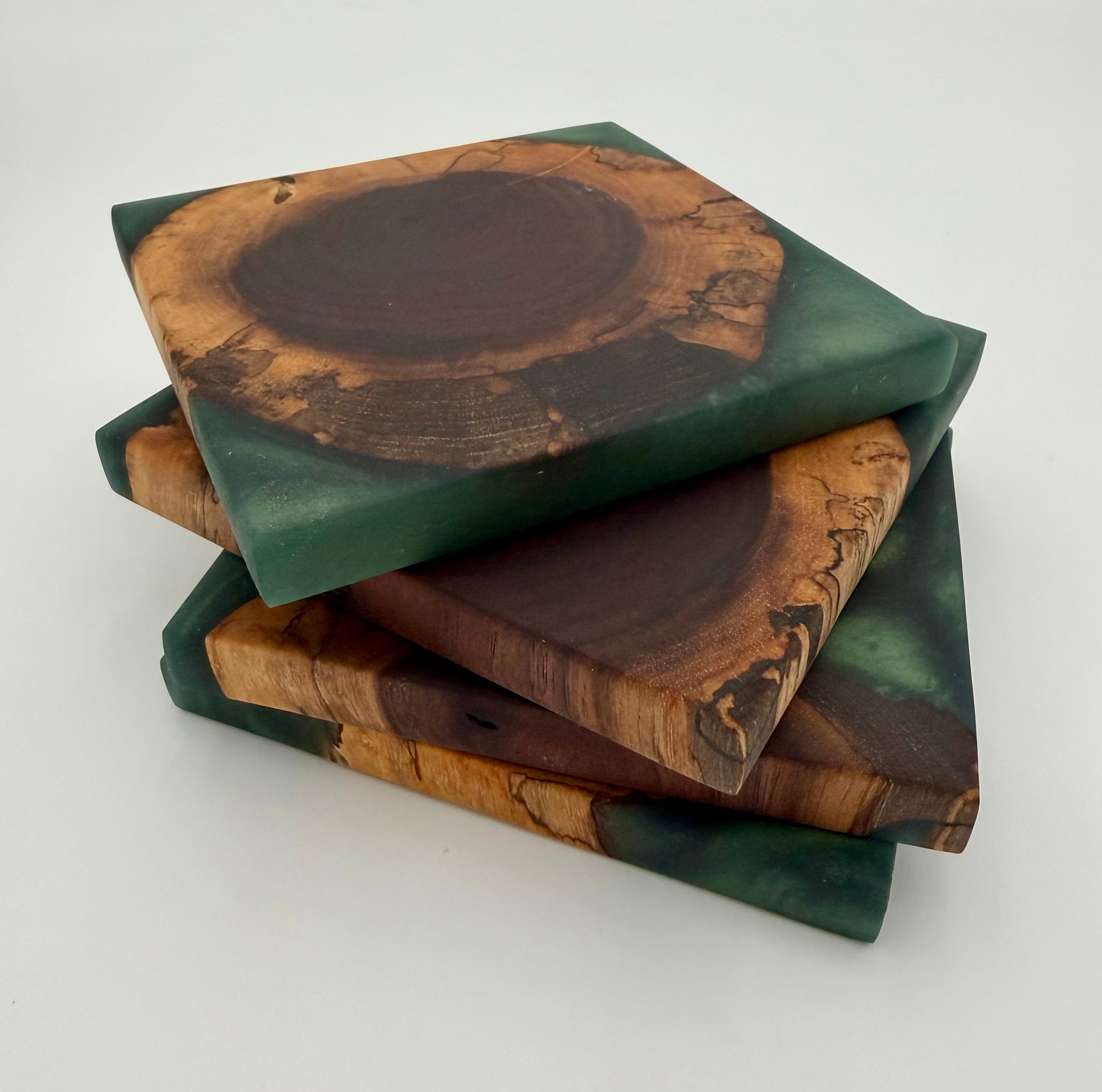 Handcrafted End Grain Wood & Epoxy Resin Coaster Set | Modern Drink Coasters -Set of 4