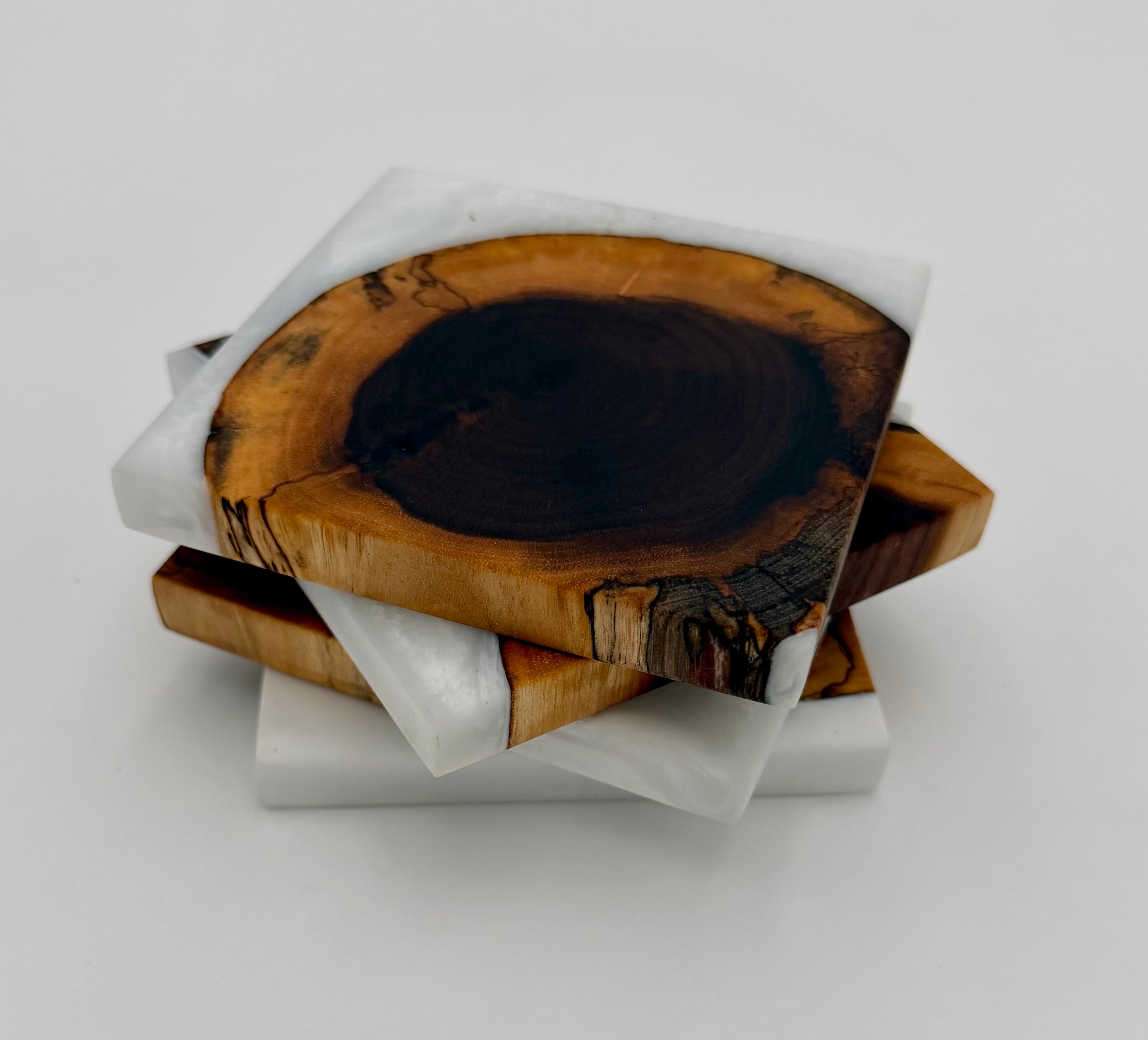 Handcrafted End Grain Wood & Epoxy Resin Coaster Set | Modern Drink Coasters -Set of 4