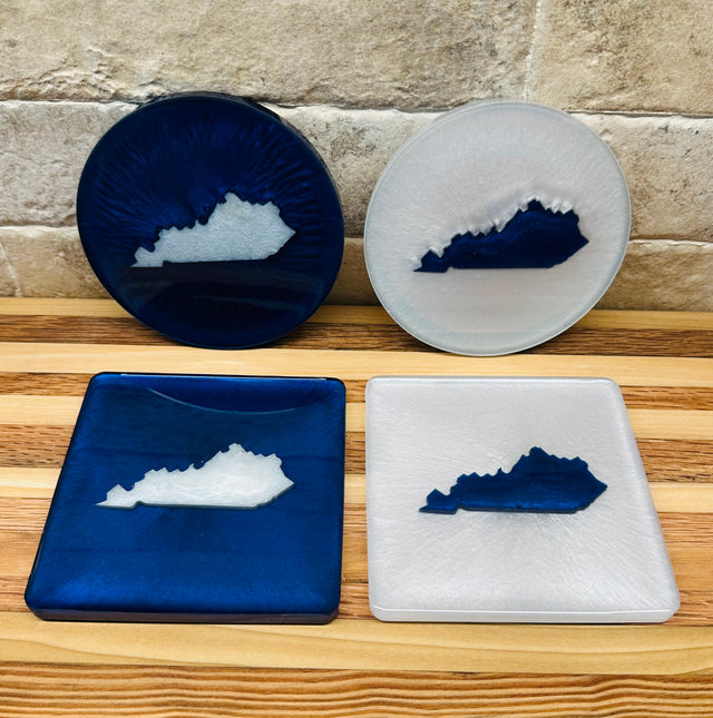Handcrafted Kentucky Blue Resin Coasters with White Kentucky resin Inlay, Set of 4
