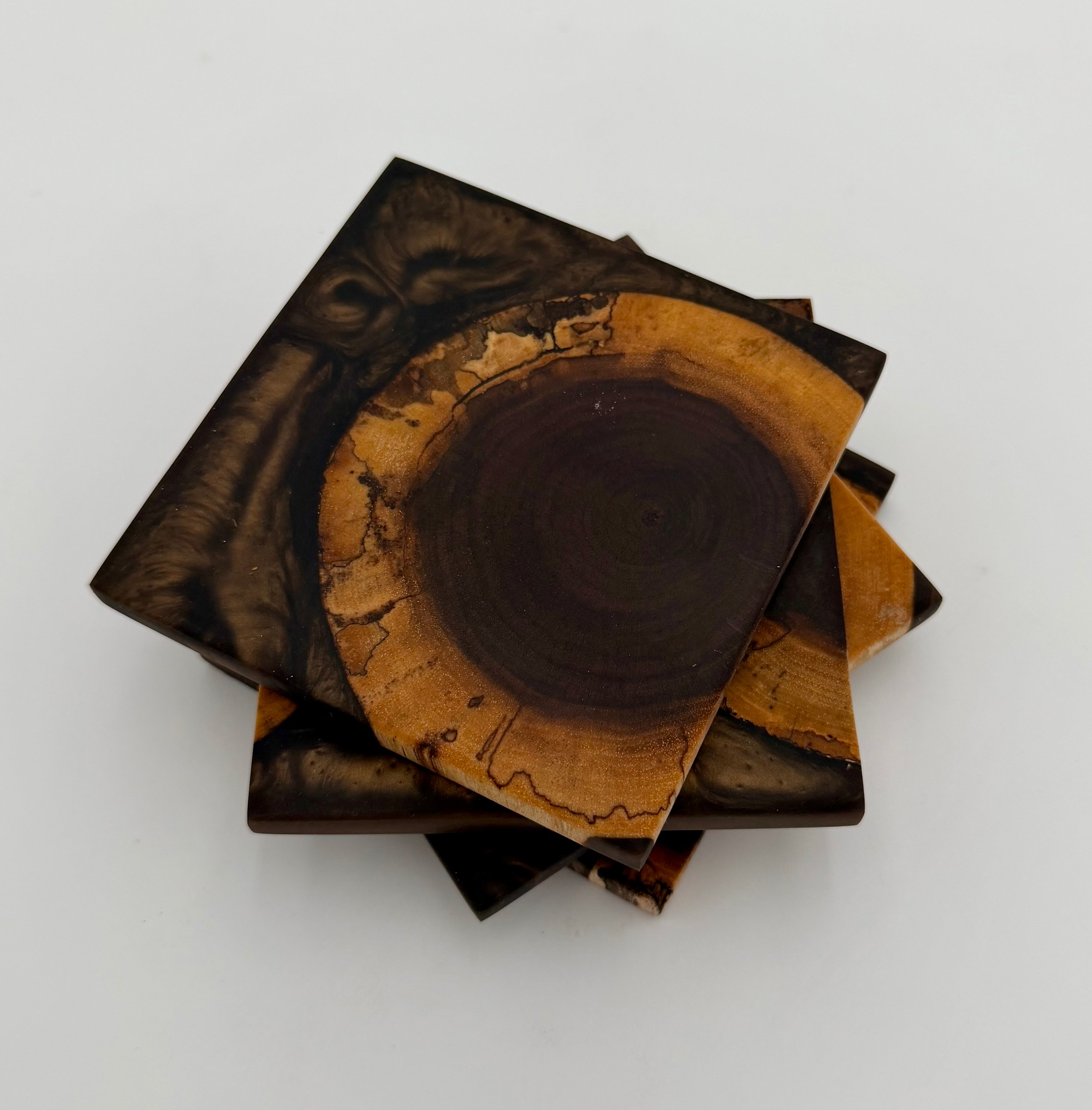 Handcrafted End Grain Wood & Epoxy Resin Coaster Set | Modern Drink Coasters -Set of 4