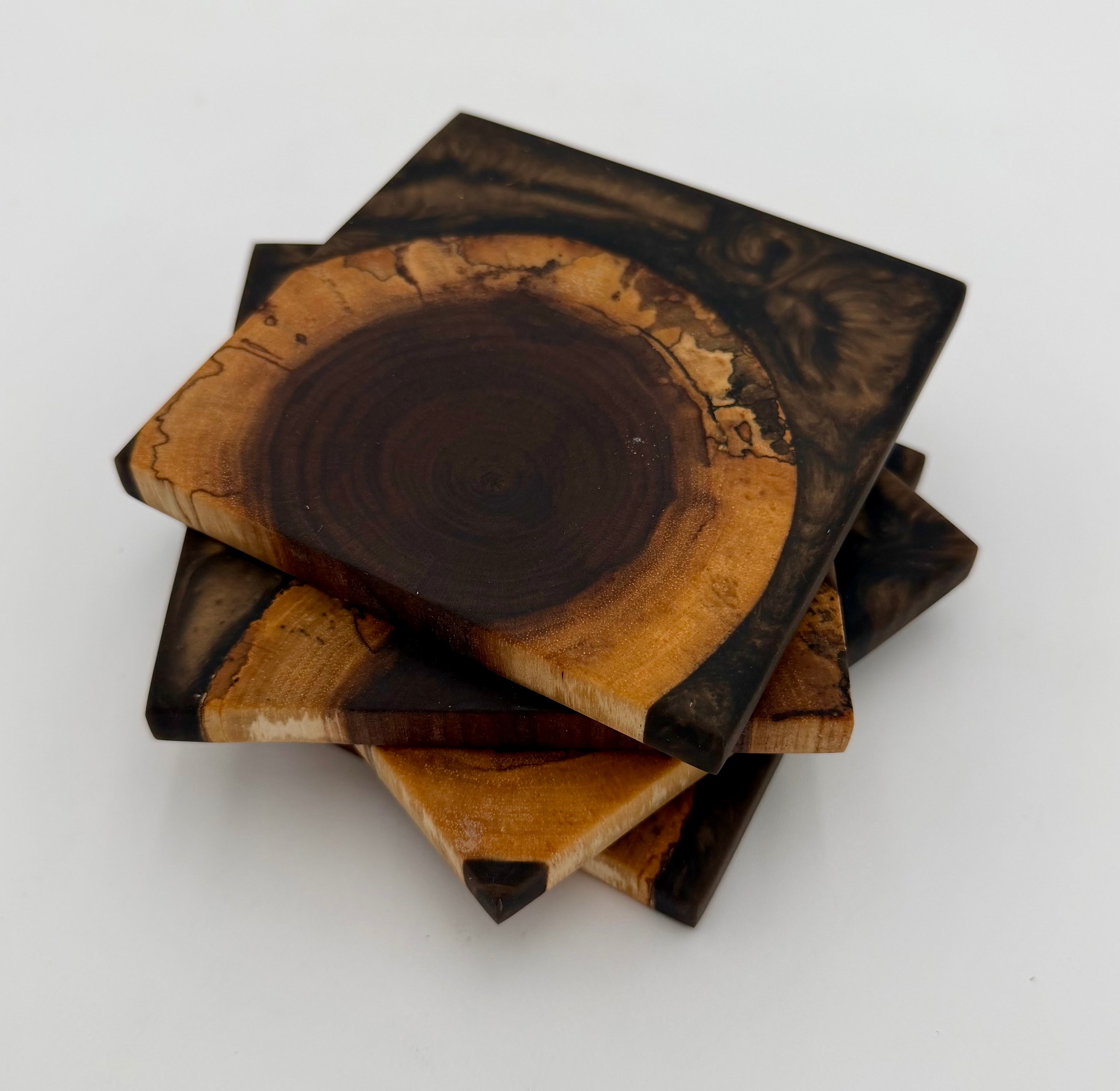 Handcrafted End Grain Wood & Epoxy Resin Coaster Set | Modern Drink Coasters -Set of 4