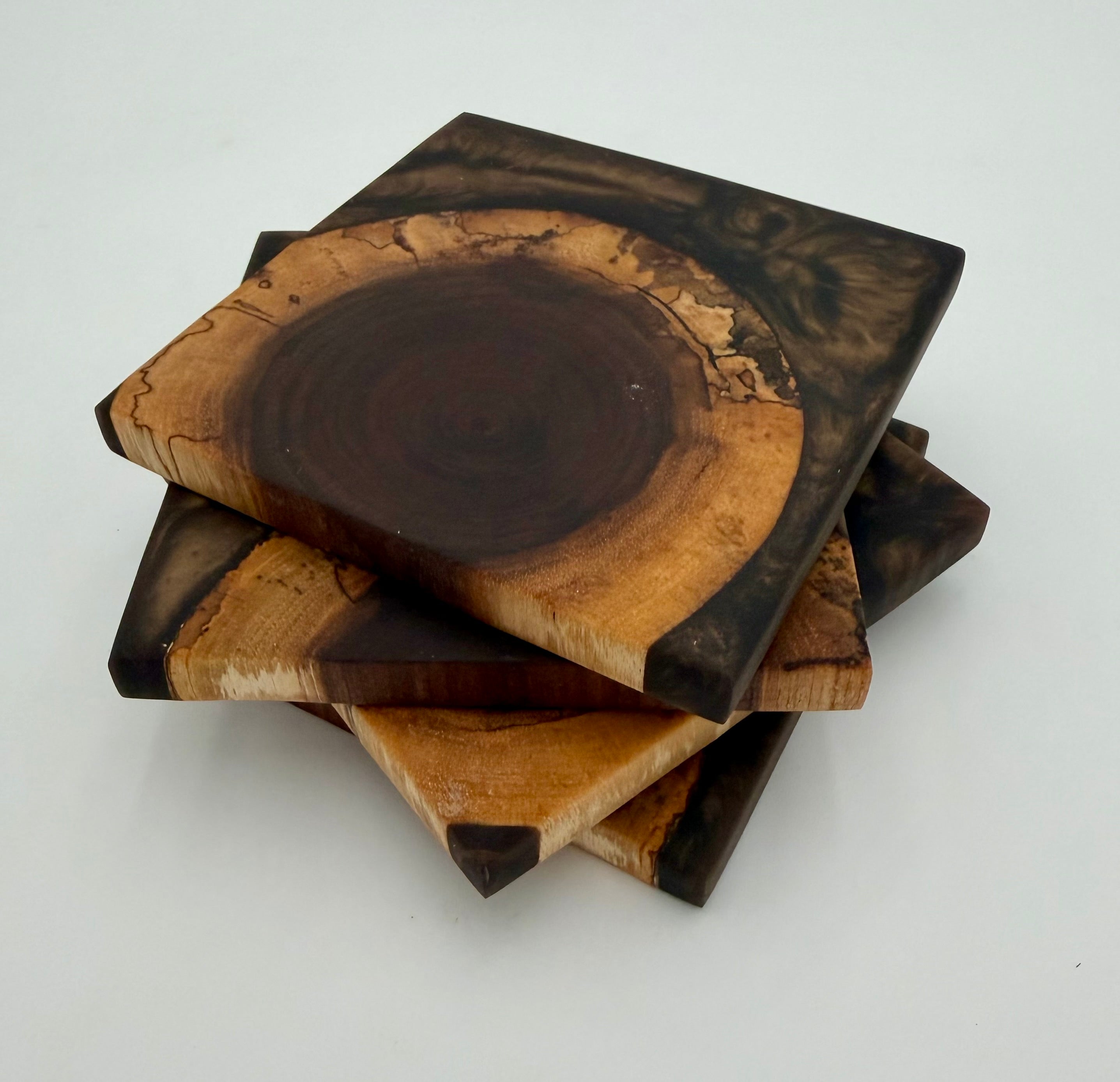 Handcrafted End Grain Wood & Epoxy Resin Coaster Set | Modern Drink Coasters -Set of 4