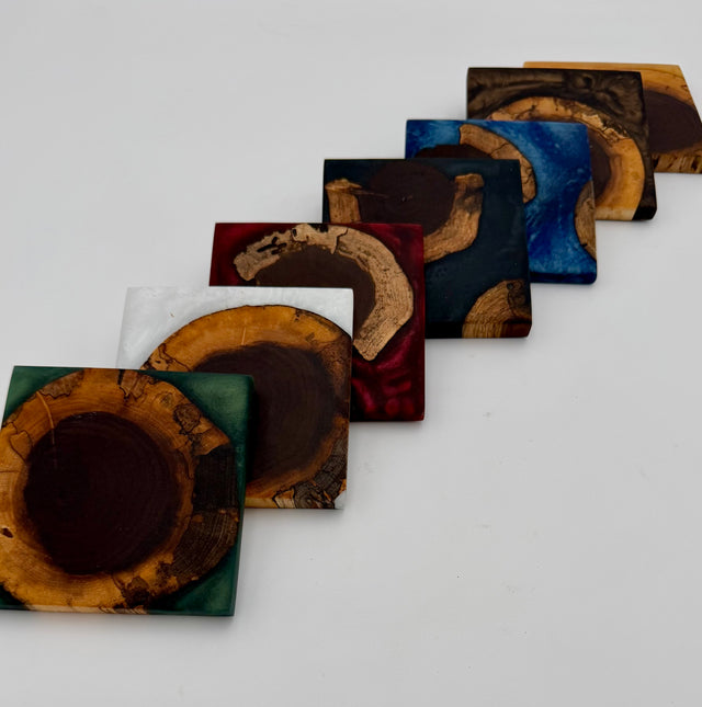 Handcrafted End Grain Wood & Epoxy Resin Coaster Set | Modern Drink Coasters -Set of 4