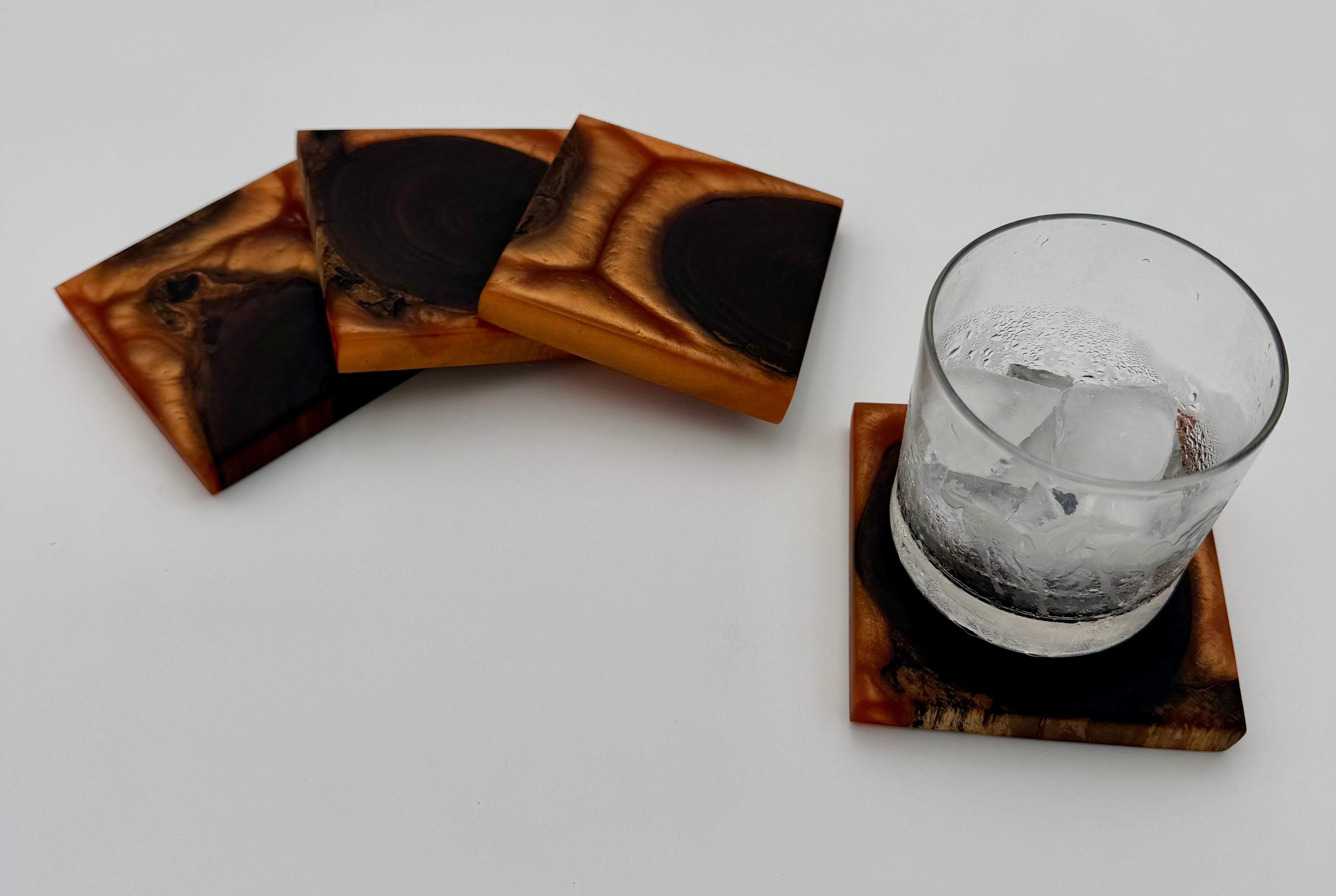 Handcrafted End Grain Wood & Epoxy Resin Coaster Set | Modern Drink Coasters -Set of 4