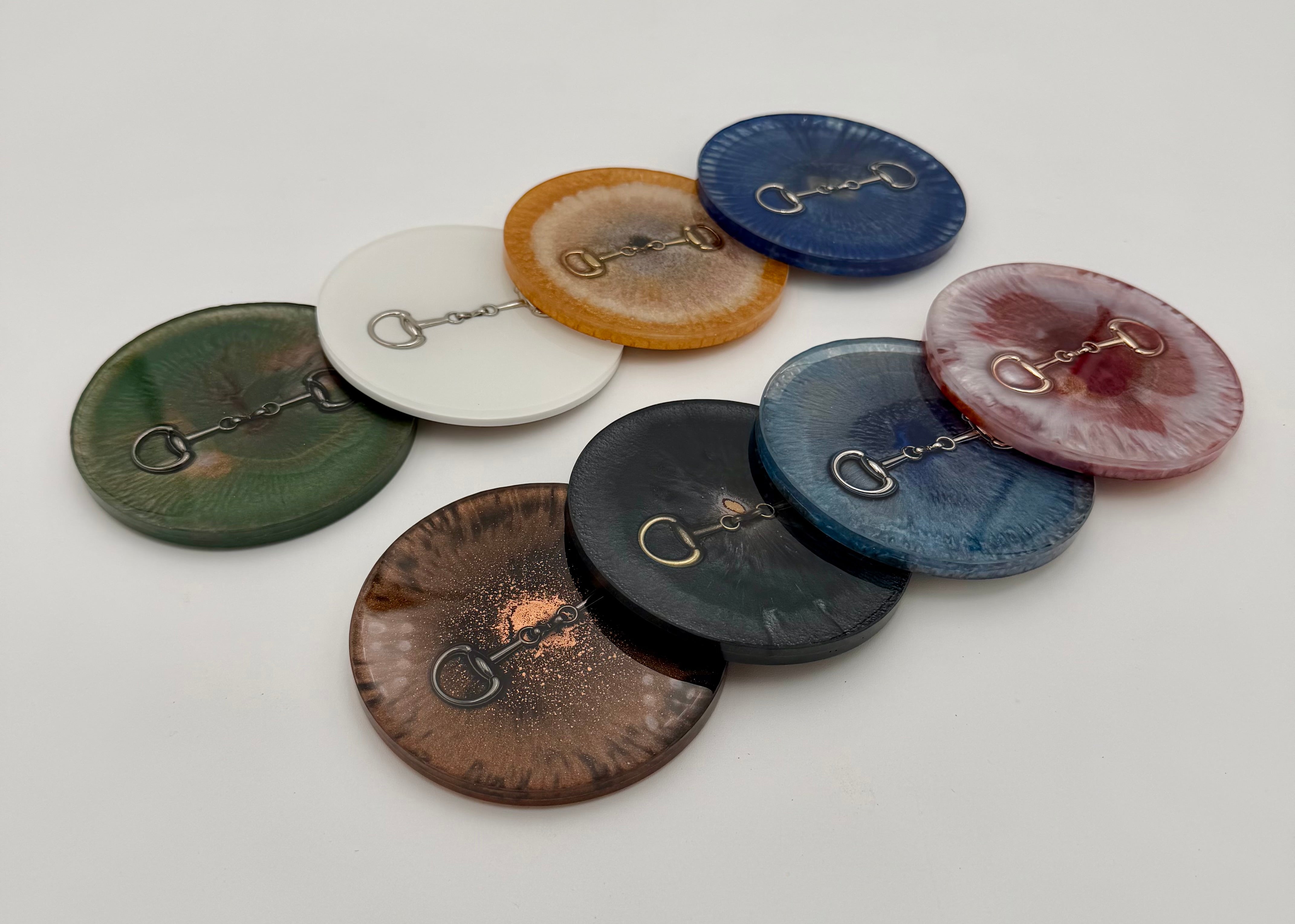 Modern Equestrian Round Resin Coasters – Set of 4 Drink Coasters with Snaffle Bit Hardware