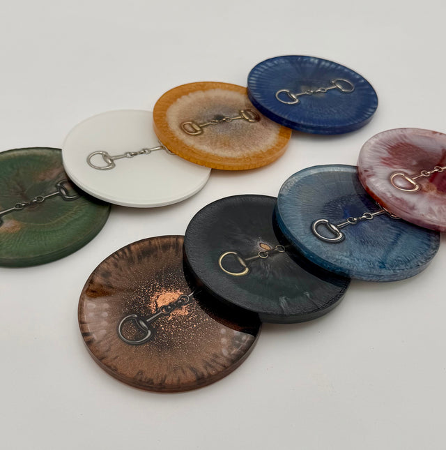 Modern Equestrian Round Resin Coasters – Set of 4 Drink Coasters with Snaffle Bit Hardware