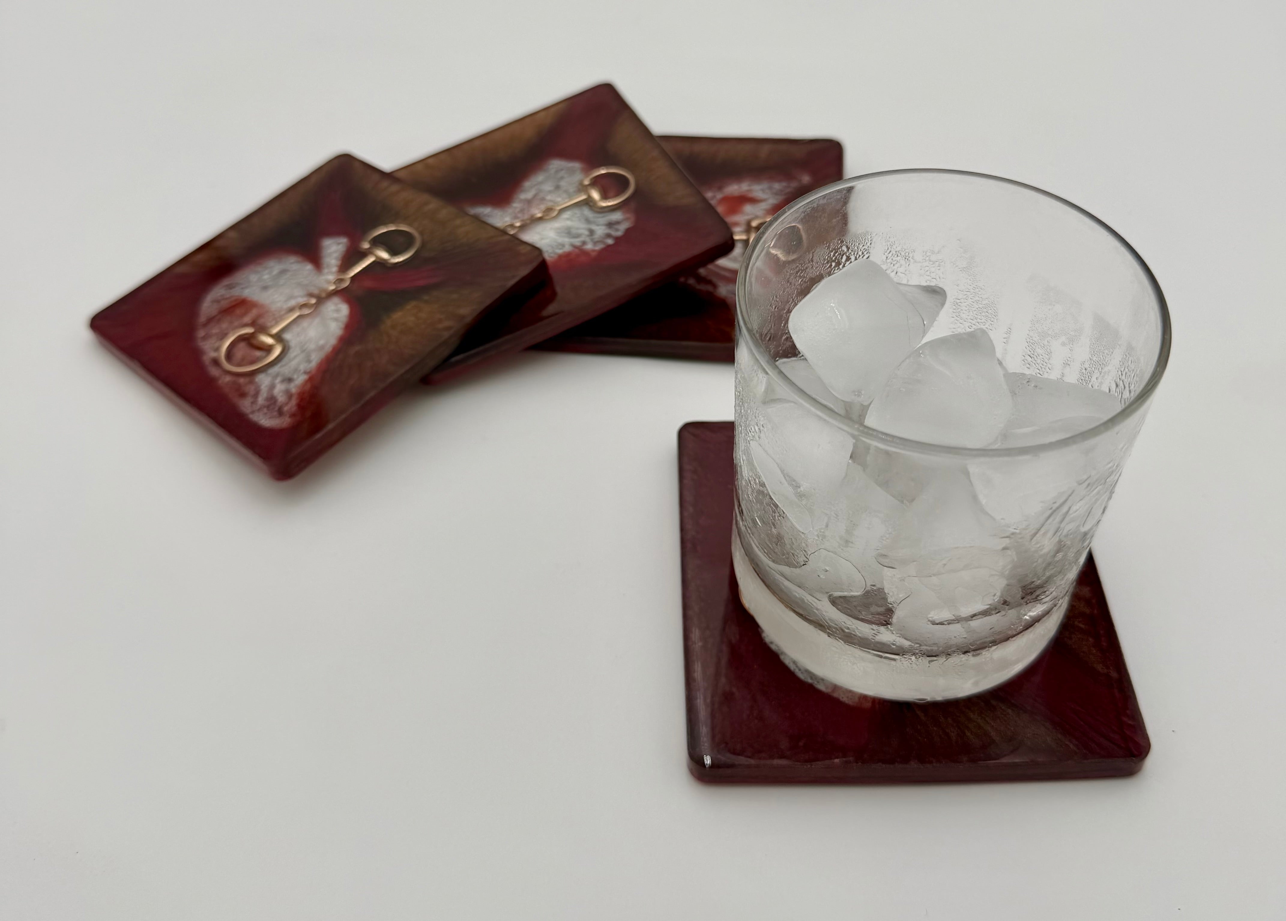 Handmade Square Resin Coaster Set with Horse Bit Detail – Set of 4