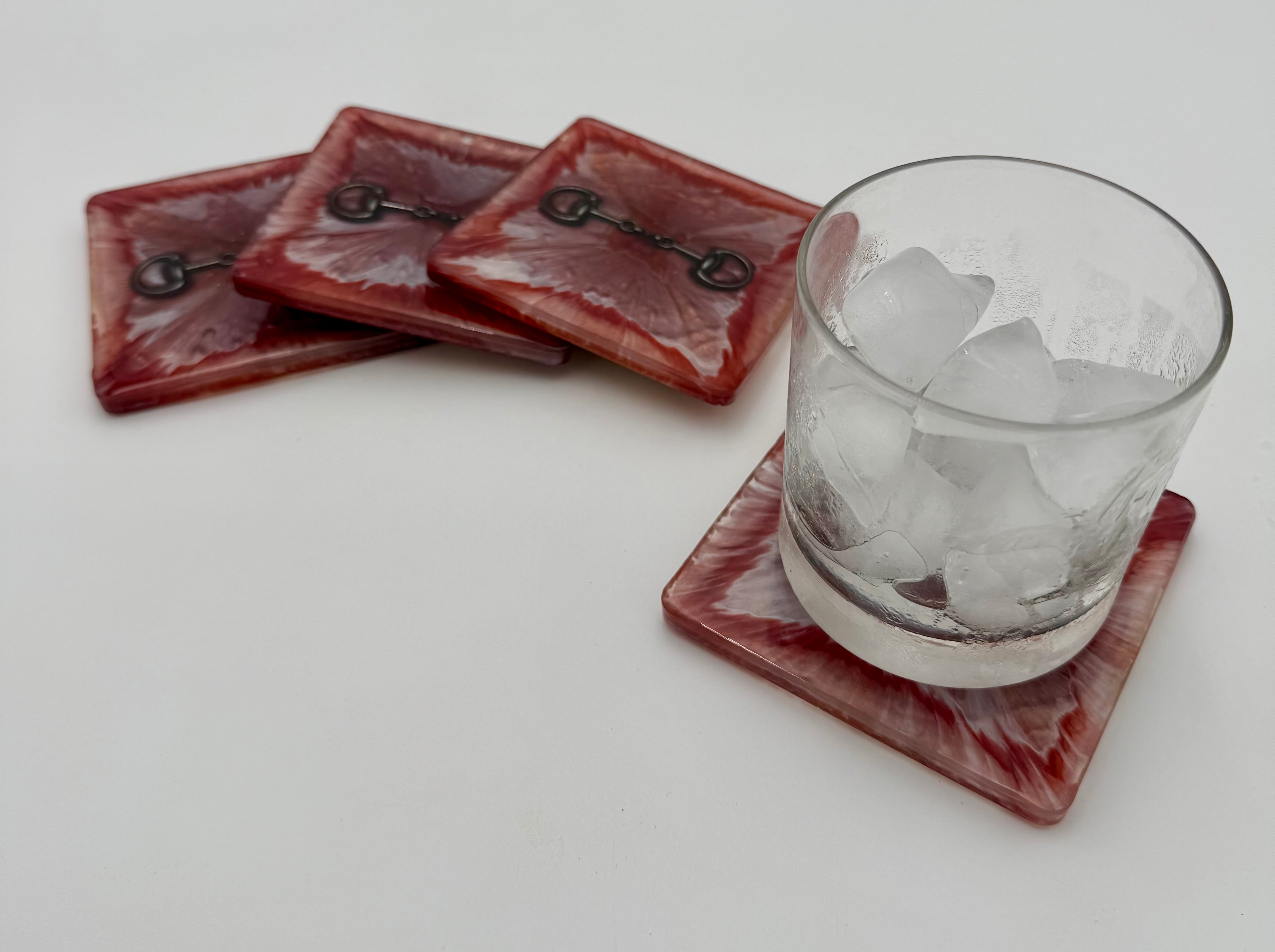 Handmade Square Resin Coaster Set with Horse Bit Detail – Set of 4
