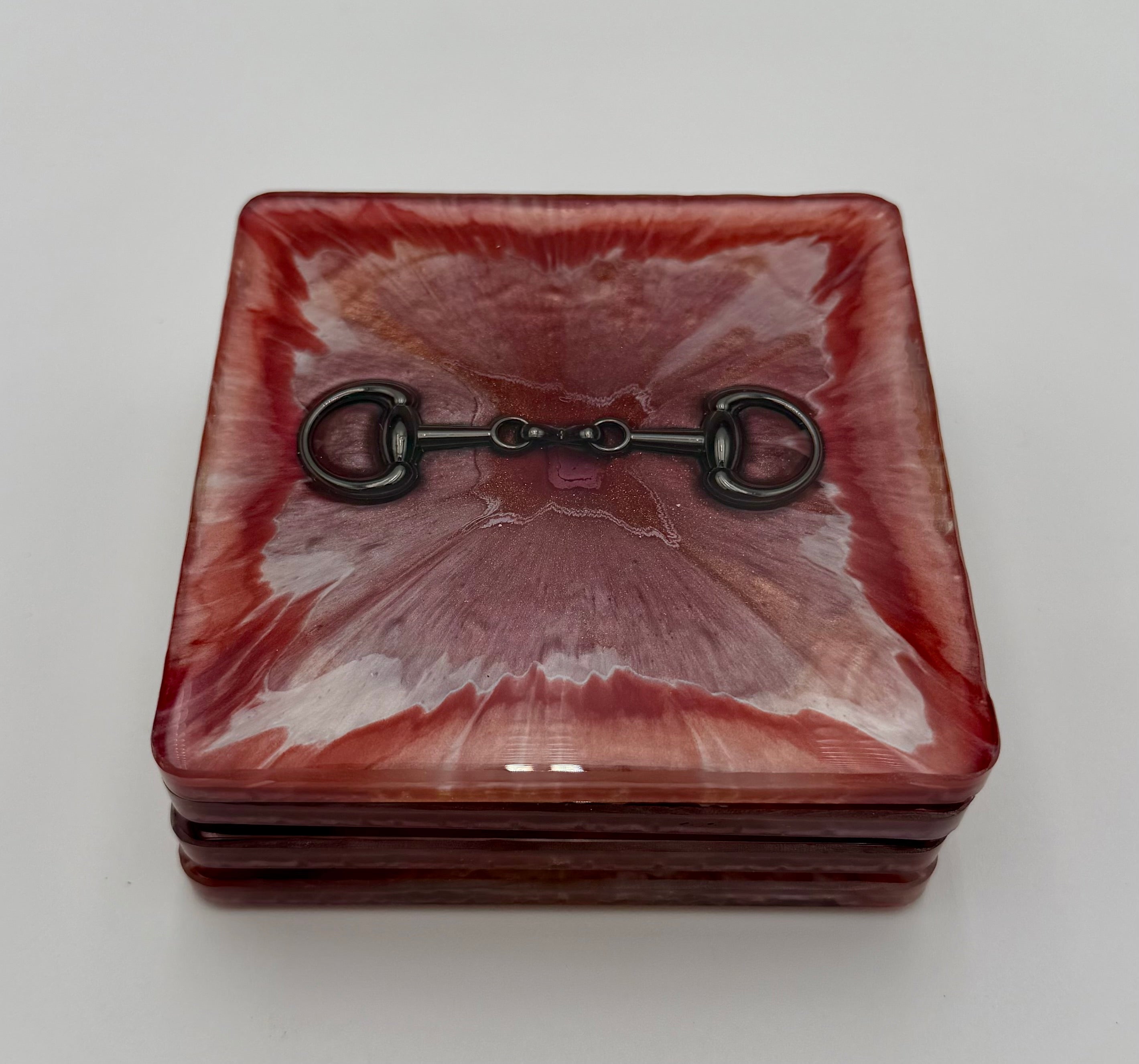 Handmade Square Resin Coaster Set with Horse Bit Detail – Set of 4