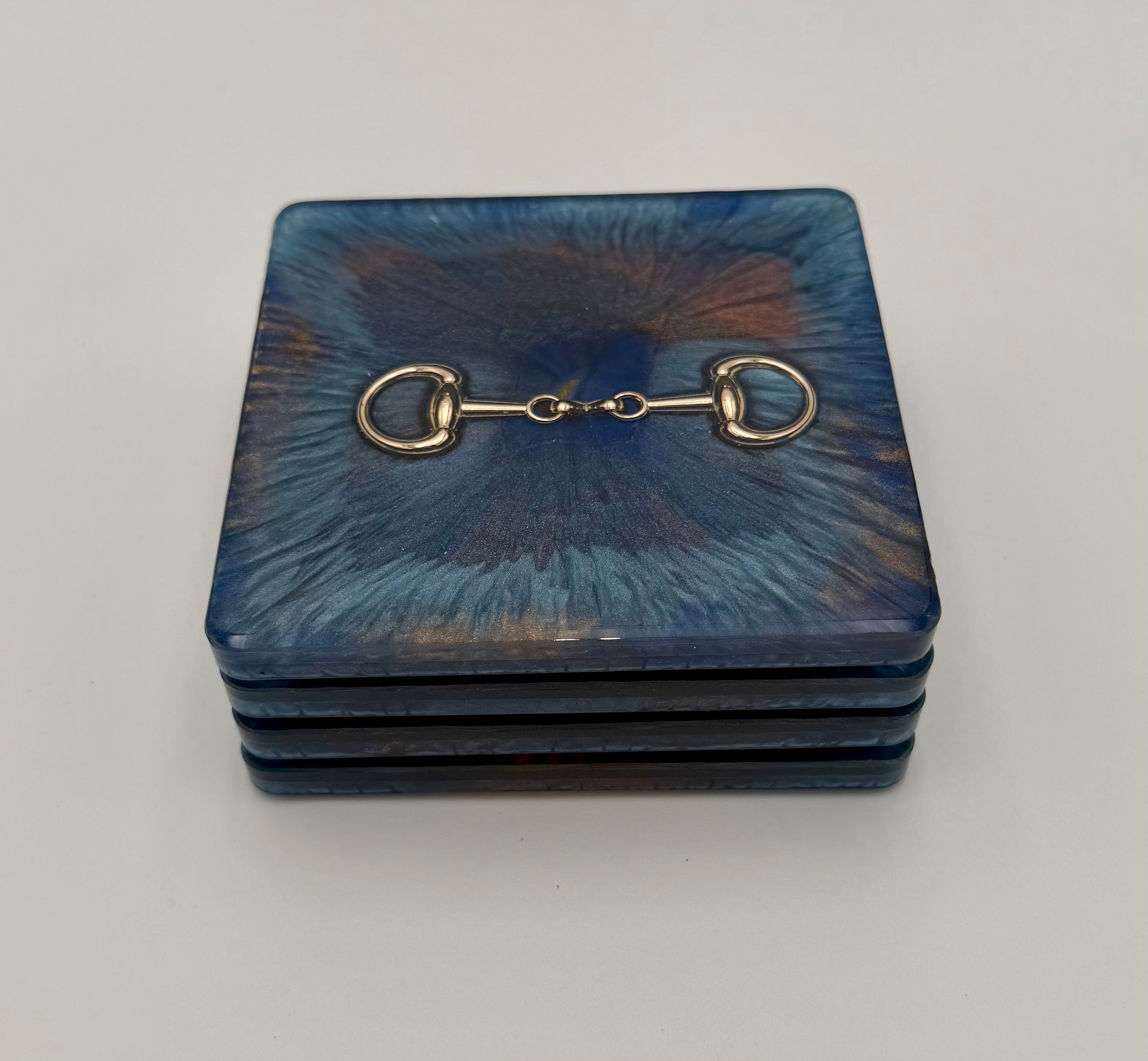 Handmade Square Resin Coaster Set with Horse Bit Detail – Set of 4
