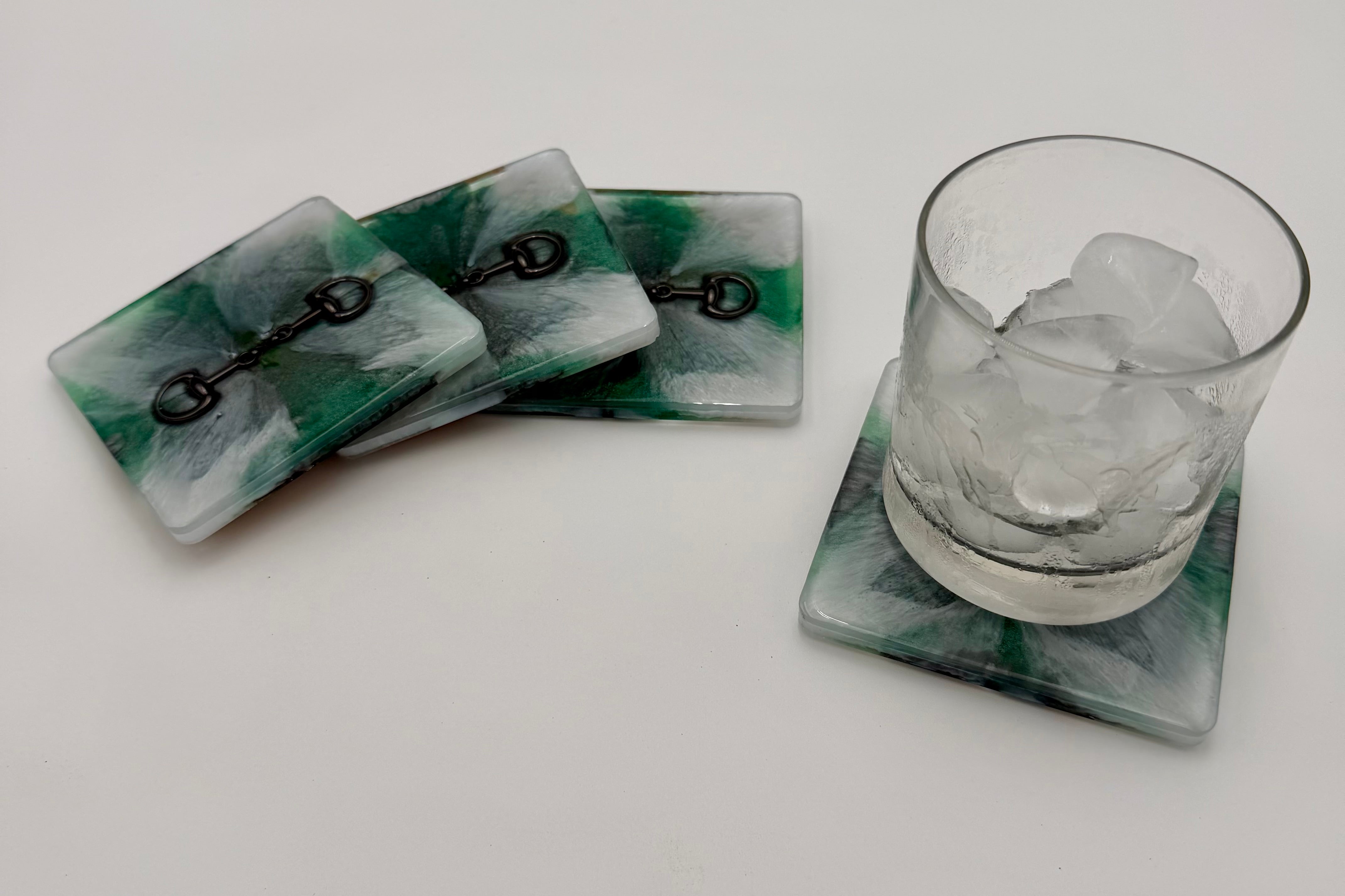 Handmade Square Resin Coaster Set with Horse Bit Detail – Set of 4