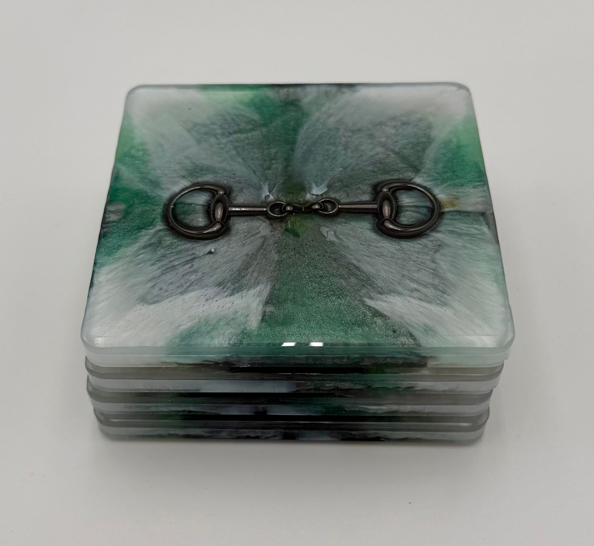 Handmade Square Resin Coaster Set with Horse Bit Detail – Set of 4