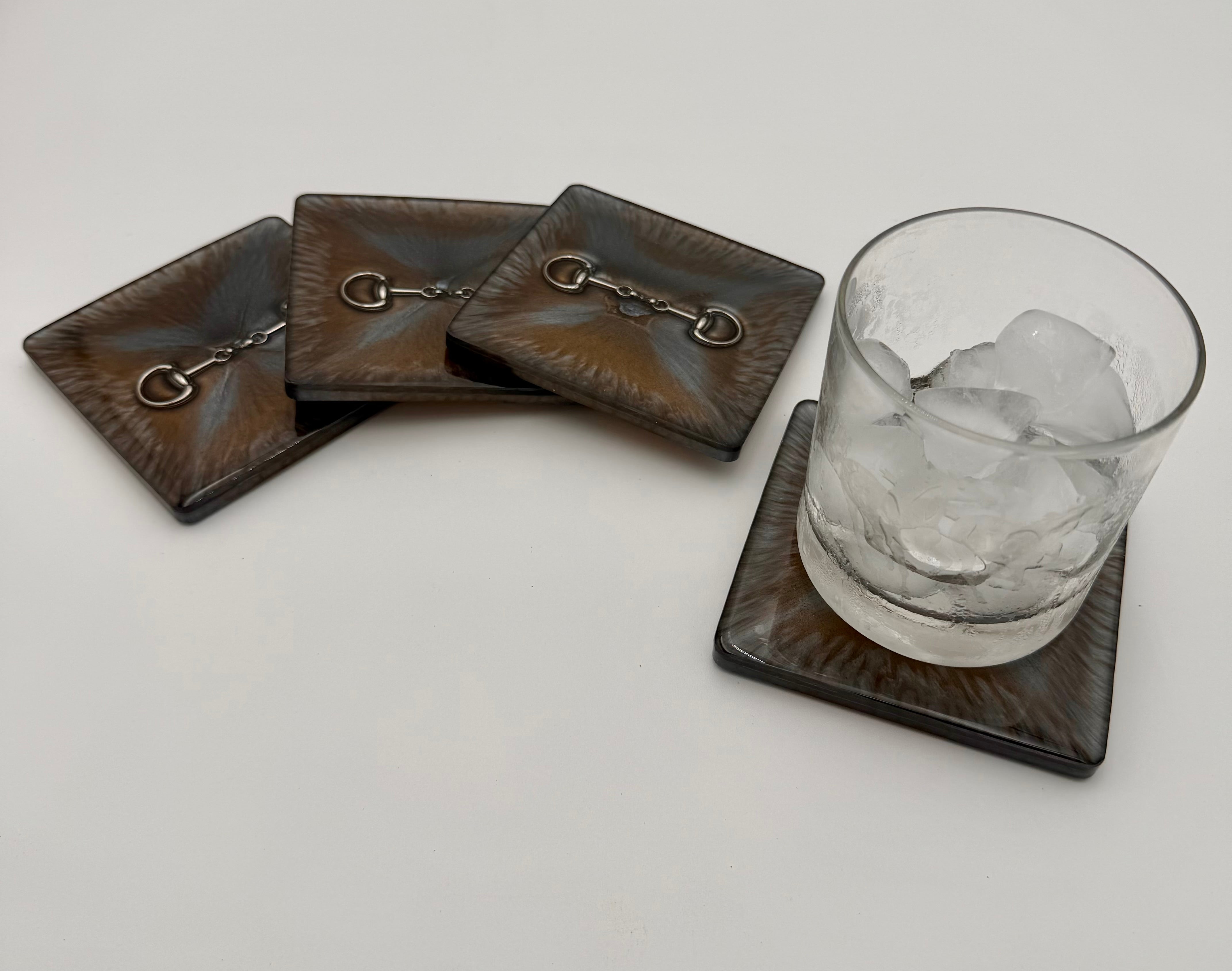 Handmade Square Resin Coaster Set with Horse Bit Detail – Set of 4