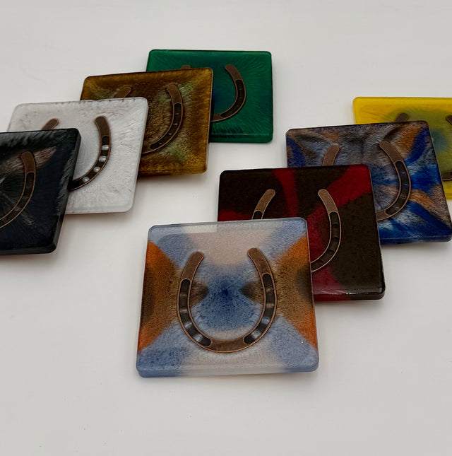 Handmade Square Resin Coasters with Horseshoe Hardware – Set of 4