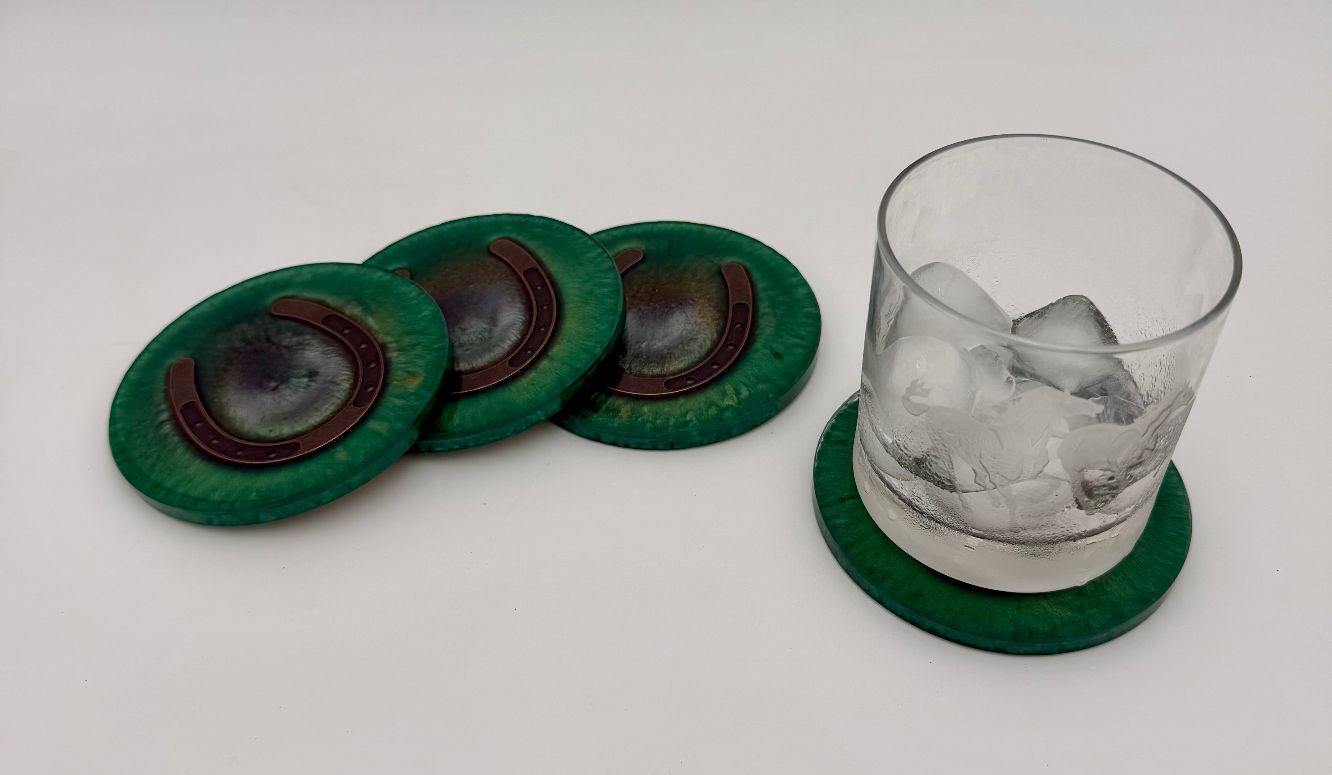 Handmade Round Resin Coasters with Horseshoe Hardware – Set of 4