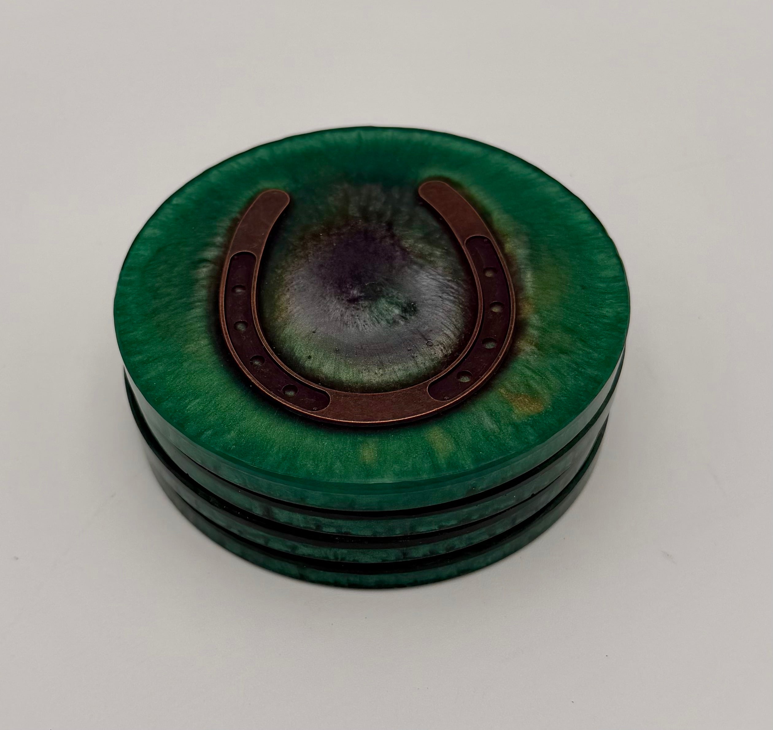 Handmade Round Resin Coasters with Horseshoe Hardware – Set of 4