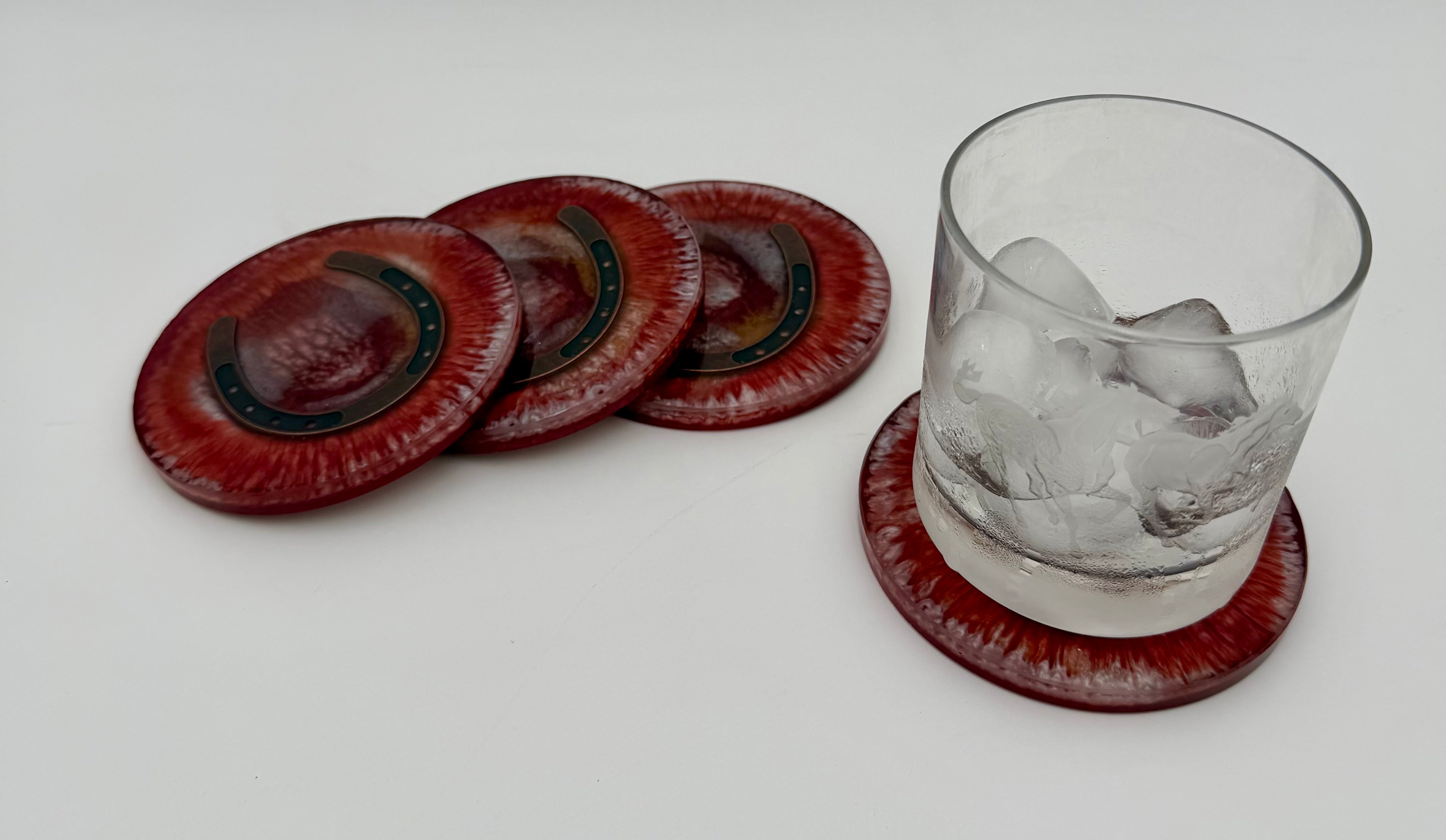 Handmade Round Resin Coasters with Horseshoe Hardware – Set of 4