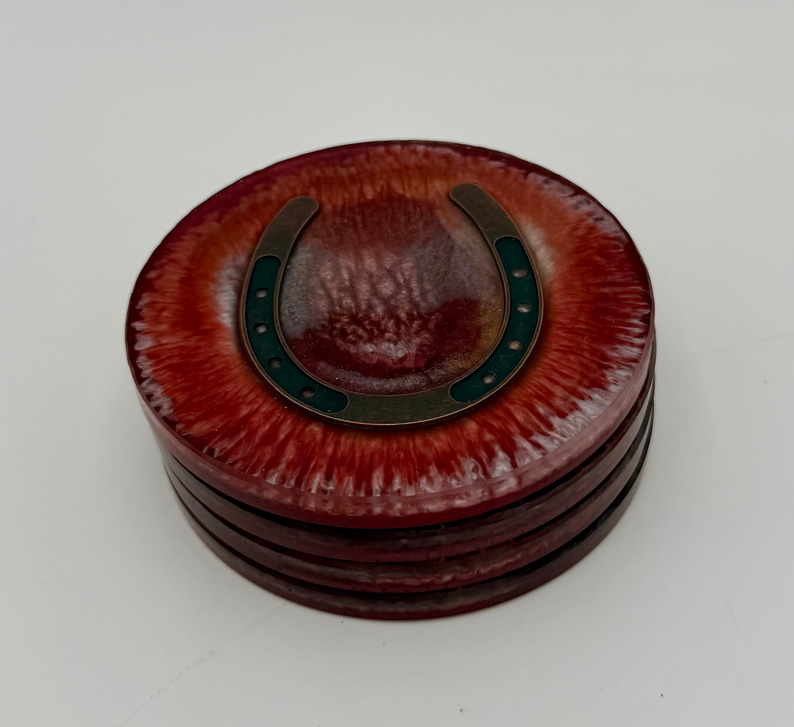 Handmade Round Resin Coasters with Horseshoe Hardware – Set of 4