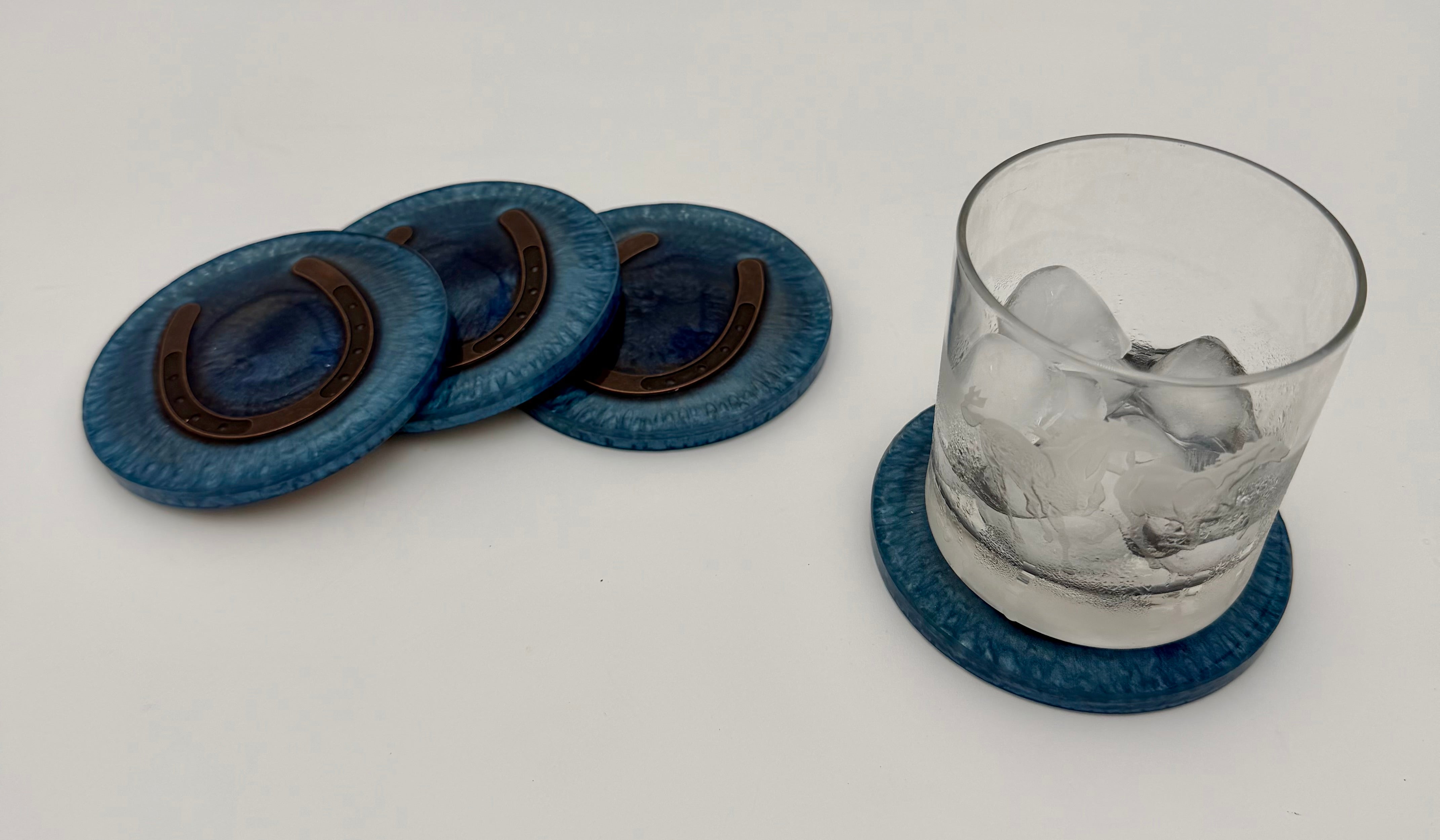 Handmade Round Resin Coasters with Horseshoe Hardware – Set of 4