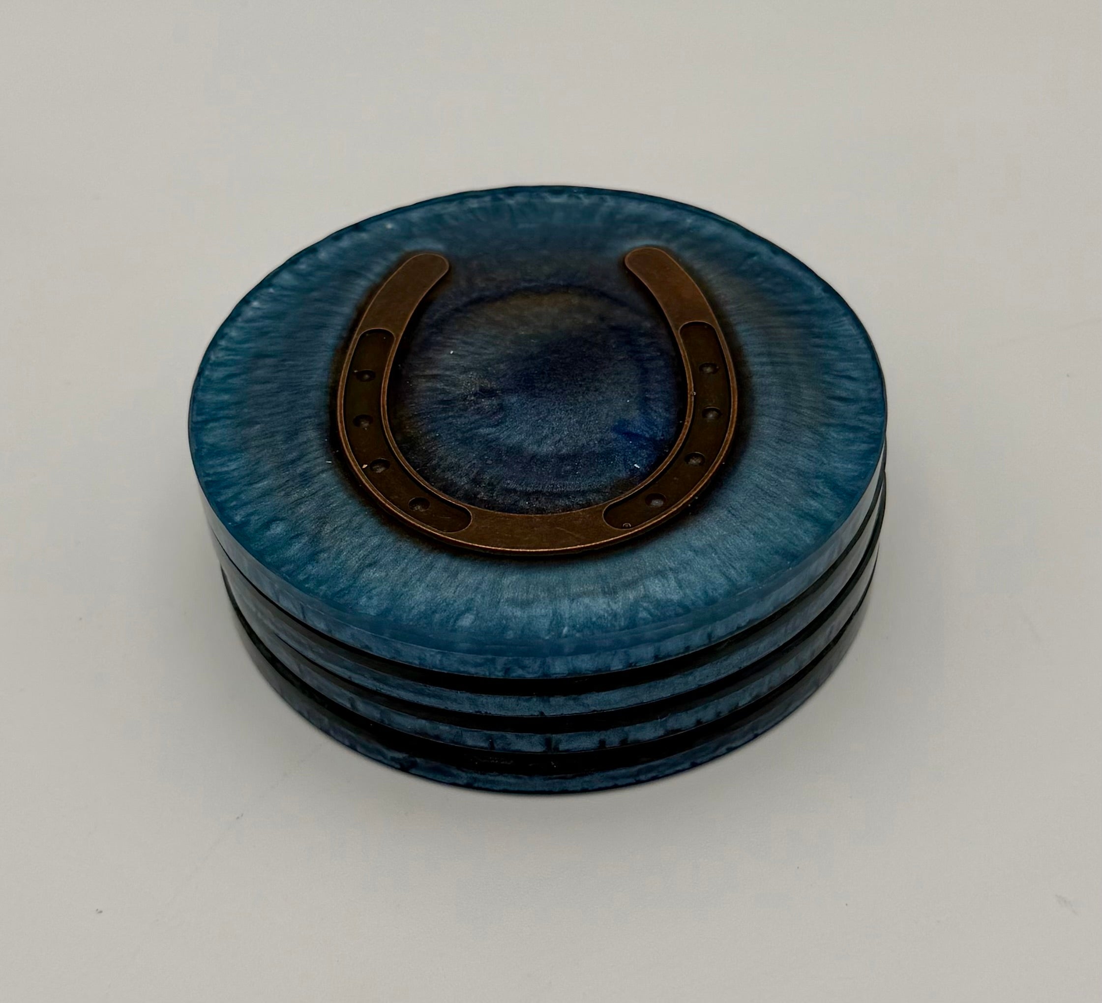 Handmade Round Resin Coasters with Horseshoe Hardware – Set of 4